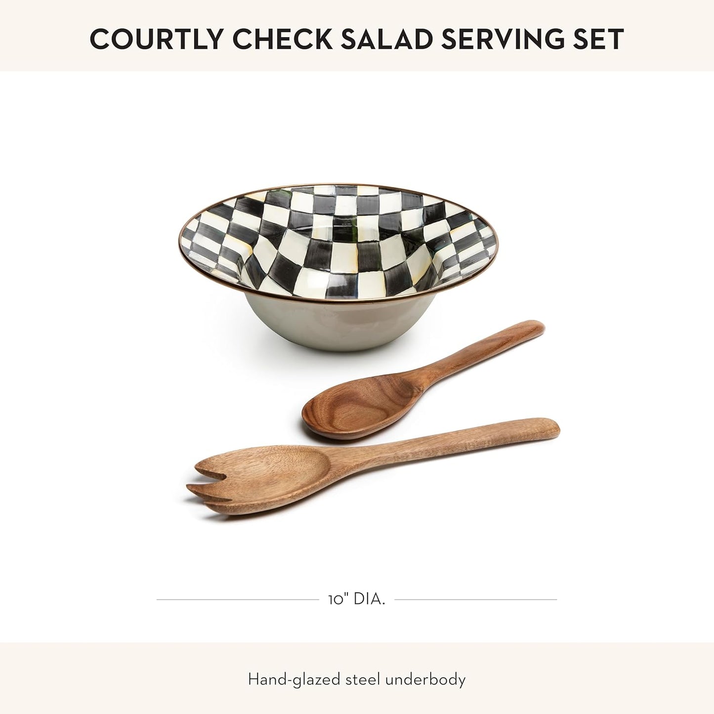 MACKENZIE-CHILDS Enamel Salad Serving Set, Enamel Bowl and Wooden Salad Servers, Decorative Kitchen Set, Black-and-White Courtly Check