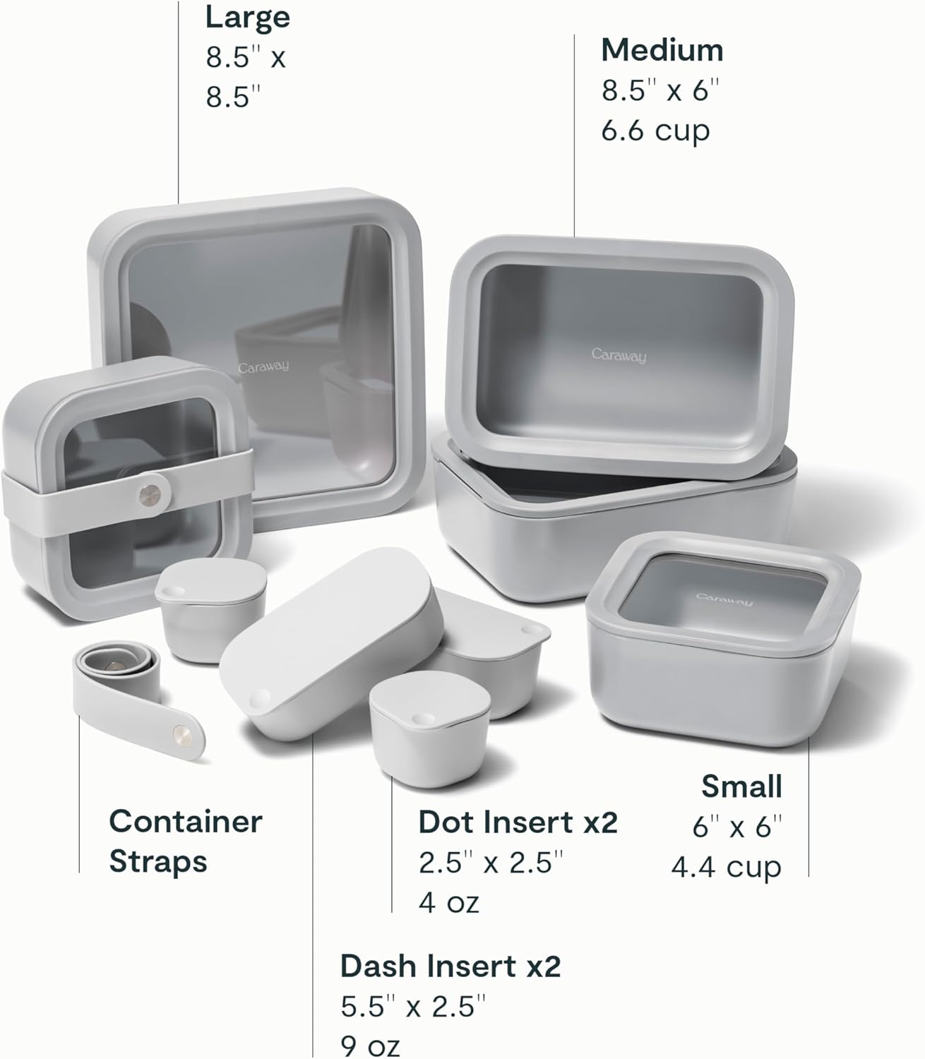 Caraway 14pc Glass Food Storage Container Set - Easy to Store, Non Toxic Lunch Box - with Glass Lids - Includes Storage Organizer & Dot & Dash Inserts - Gray