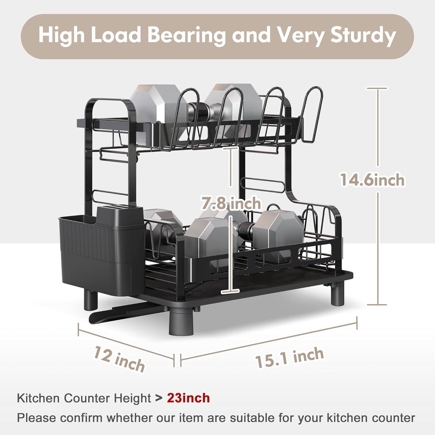 BOOSINY Dish Drying Rack, 2 Tier Large Stainless Steel Black Dish Rack for Kitchen Counter, Drying Rack with Cups Holder, Utensil Holder and Drainboard Set, Dish Strainer Shelf for Kitchen