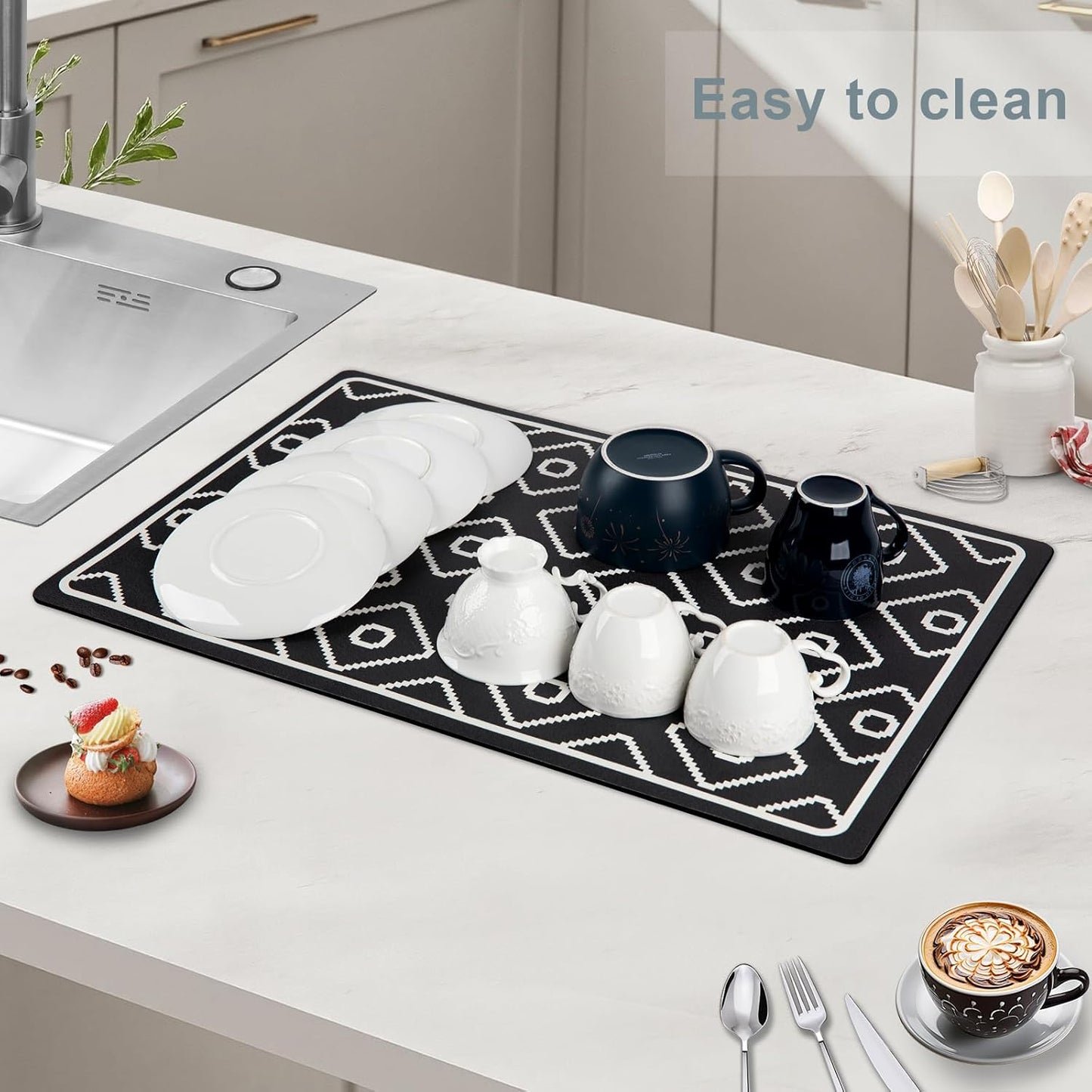 SUEH DESIGN Dish Drying Mat, Absorbent Coffee Mat 19.6 x 11.8 in Quick Dry Kitchen Drying Dish Drain Mat for Kitchen Counter Coffee Bar, Black