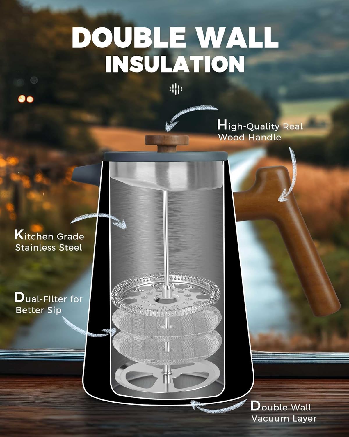 POLIVIAR French Press Coffee Maker, 34 oz Coffee Press with Real Wood Handle, Double Wall Insulation & Dual-Filter Screen, Food Grade Stainless Steel for Good Coffe and Tea, JX2025-XFPU