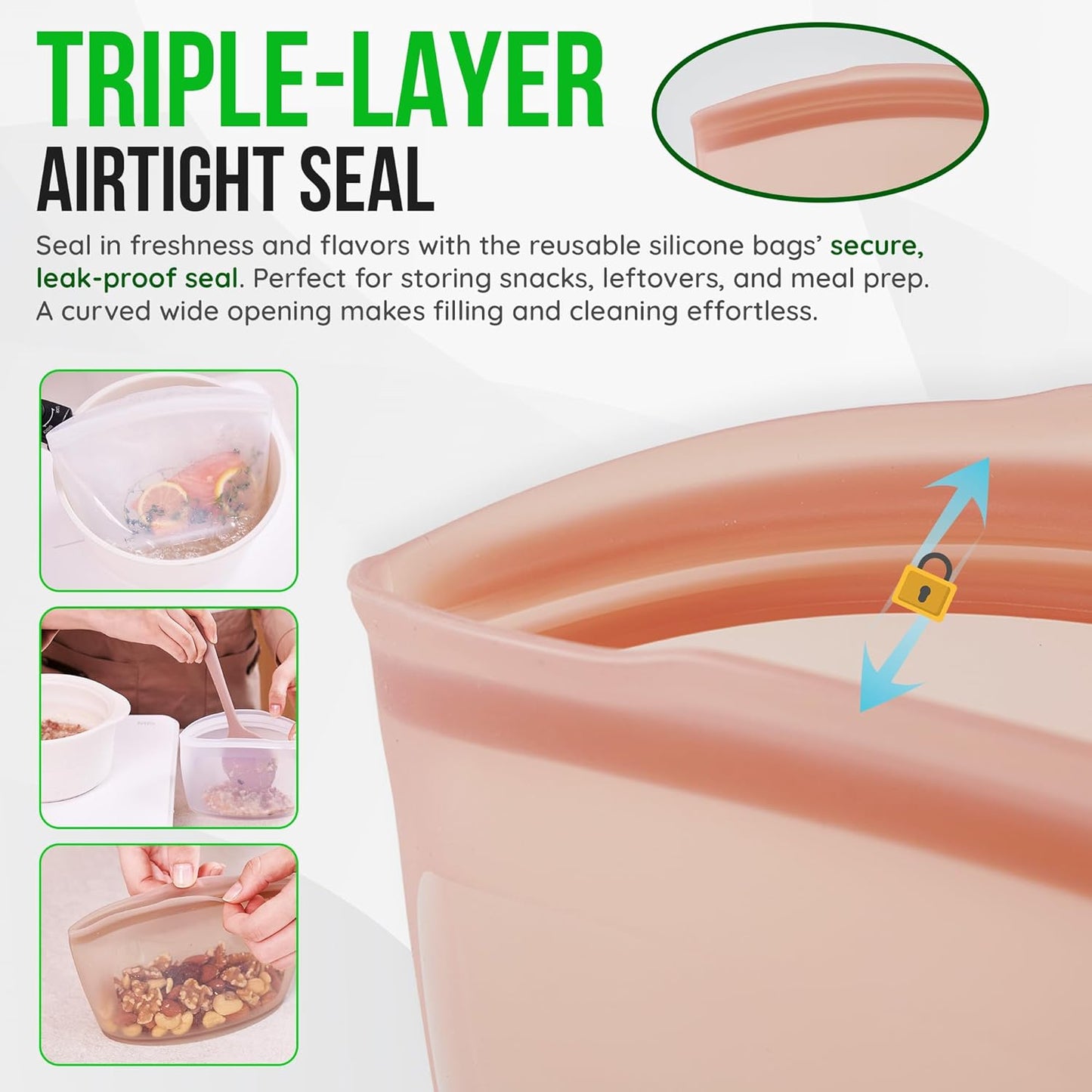 Reusable Silicone Food Storage Bags 3Set Airtight food Storage Containers Food Grade Silicone Snack Bags, BPA Free Food Storage Container, Microwave Safe, Sous Vide Container, White, 17oz+29oz+51oz