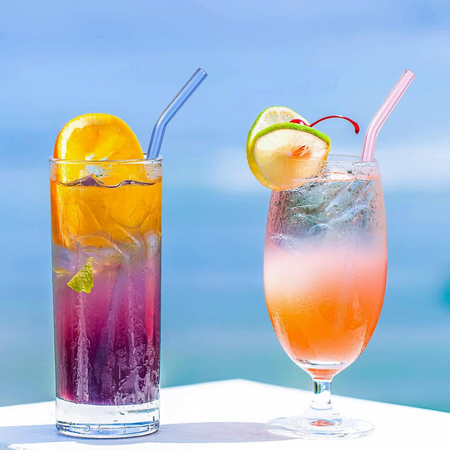 6 Pcs Reusable Bent Glass Drinking Straws,9''x10 mm Colorful Glass Straws for Beverages, Shakes, Milk Tea, Juices,Set of 6 Bent with 2 Cleaning Brushes -Shatter Resistant