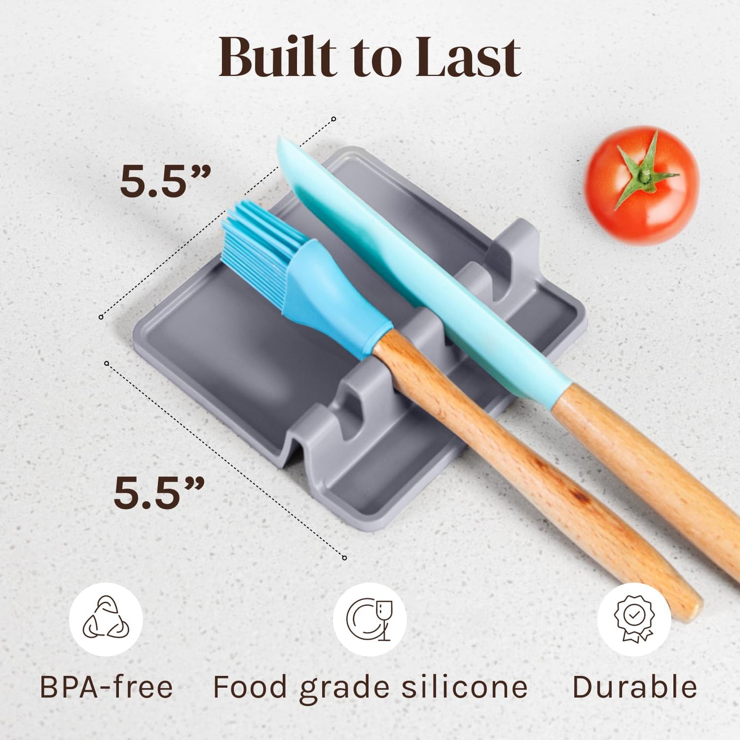 Silicone Spoon Rest for Stove Top with Drip Pad (2 Pack) - Heat Resistant BPA Free Utensil Rest & Kitchen Spoon Holder for Kitchen Counter - Grill Countertop - Spatula Holder, Tongs, Ladle - Grey