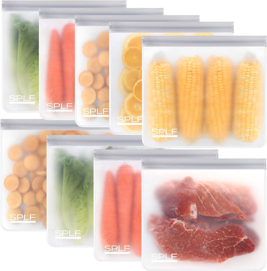 SPLF 9 Pack Reusable Gallon Freezer Bags, BPA Free 1 gallon Leakproof Silicone and Plastic Free Food Storage Bags for Meal Prep, Fruits, Sandwich, Snack, Travel Items