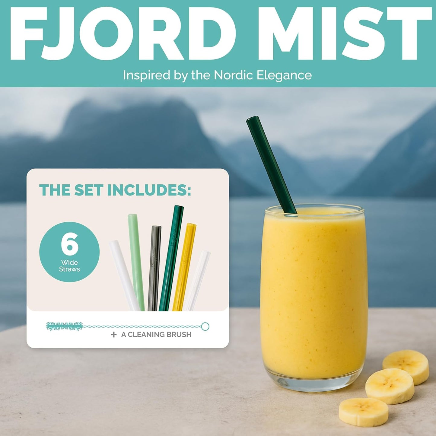 Simply Straws 8 Inch Wide Glass Straws (6-Pack) - 12mm Reusable Boba Straws for Milkshakes & Smoothies, with Cleaning Brush - Dishwasher Safe, Hot & Cold Use, BPA-Free (Fjord Mist)