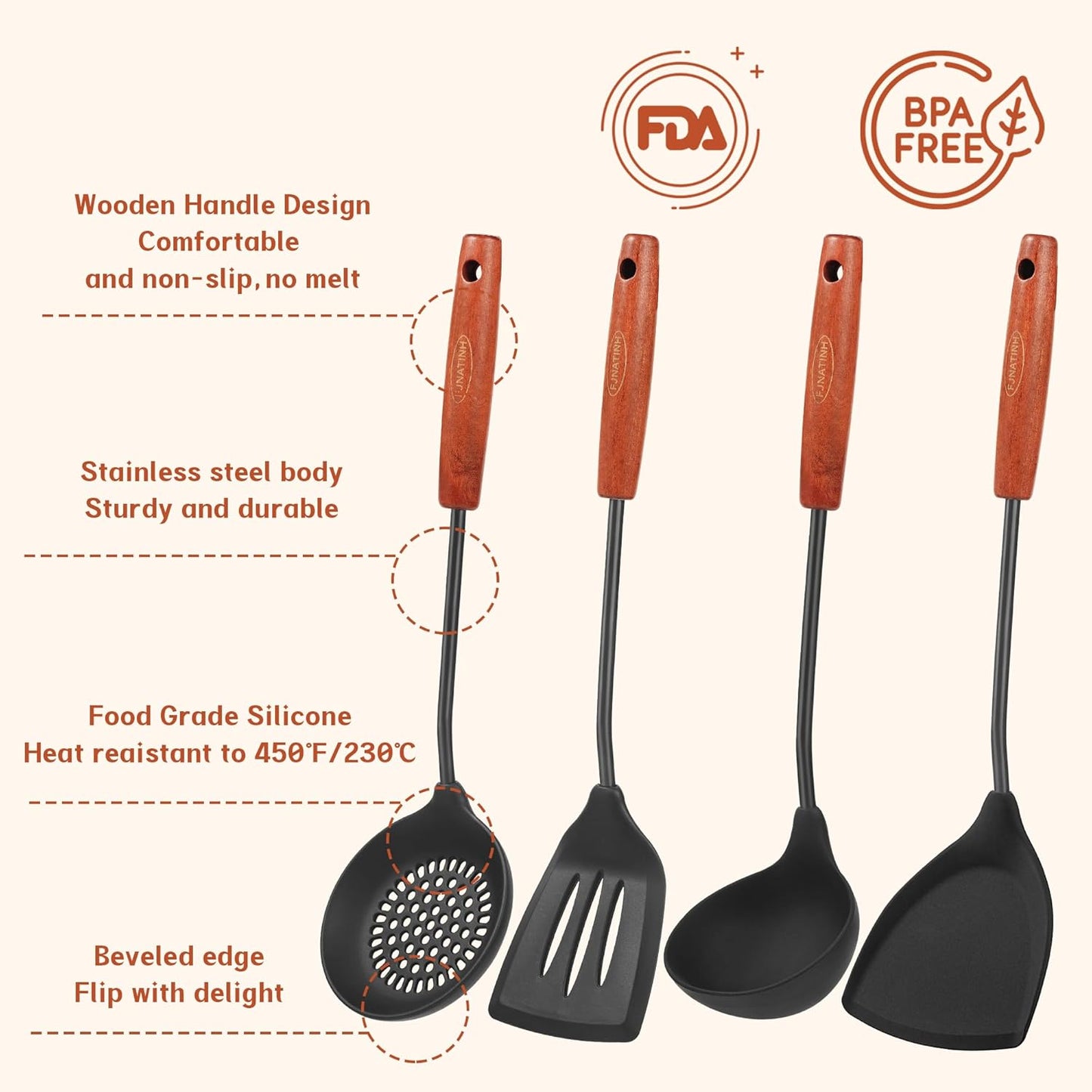 FJNATINH Silicone Wok Spatula,Turner,Ladle,Skimmer Set,Wok Tools, Wok Utensil,Non Stick Heat-Resistant Stainless Steel Cooking Utensils BPA Free Kitchen Utensils Cookware, Pack of 4,Black