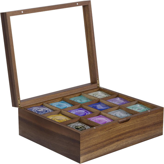 Acacia Wood Tea Bag Organizer, 12 Compartments Tea Box Organizer Storage Box, Teabag Holder Organizers with Clear Acrylic Window, Magnetic Lid and Removable Dividers