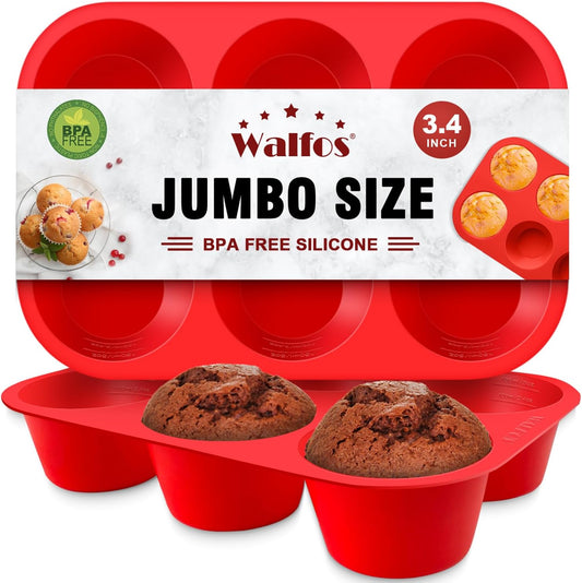 Walfos Silicone Texas Muffin Pan Set- 6 Cup Jumbo Silicone Cupcake Pan, Non-Stick, Just PoP Out! Perfect for Egg Muffin, Big Cupcake - BPA Free and Dishwasher Safe, Set of 2