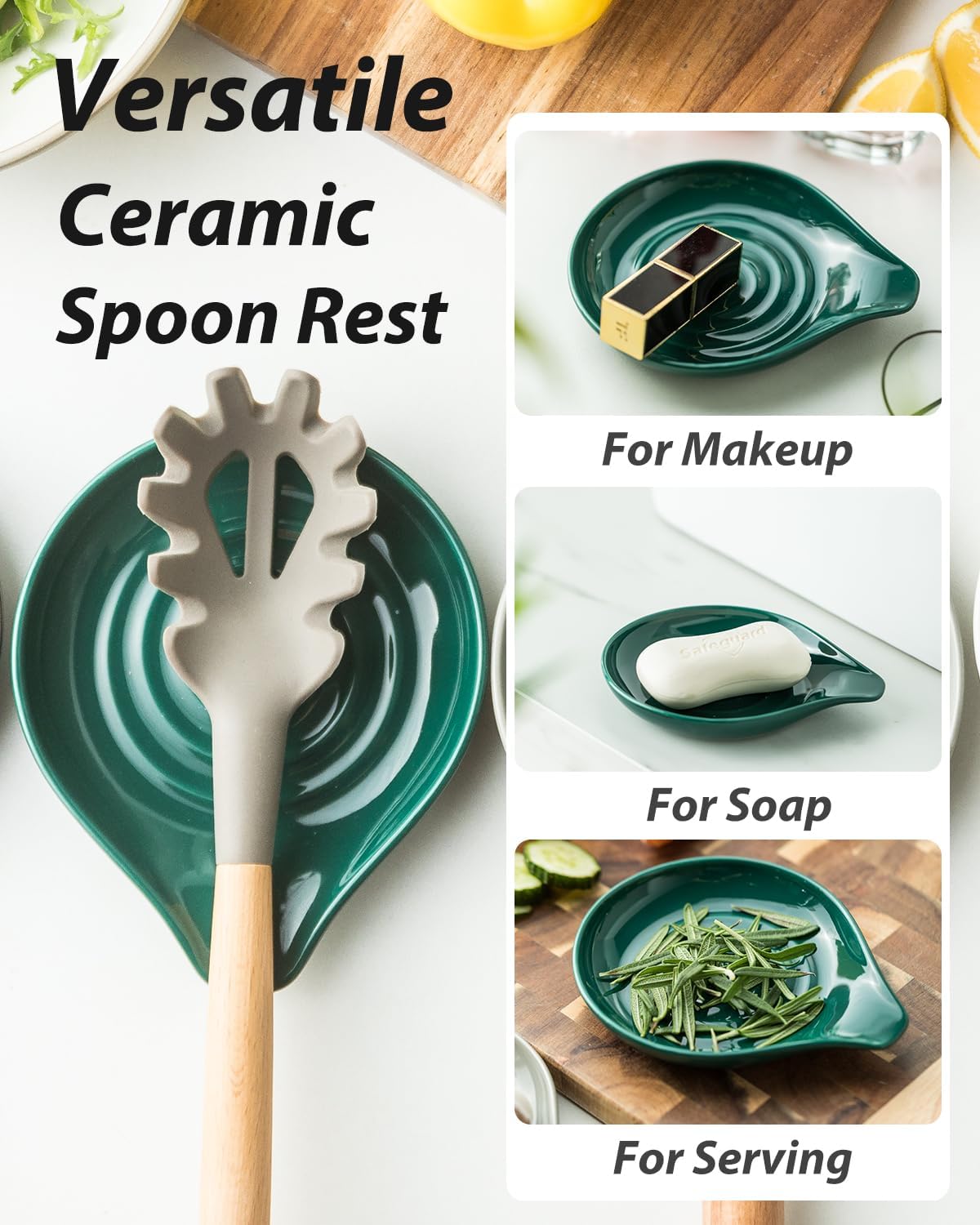 Spoon Rest for Stove Top Cooking Spoon Holder for Kitchen Countertop Large Holder for Spatula, Spoons or Tongs, Framhouse Decor, Green
