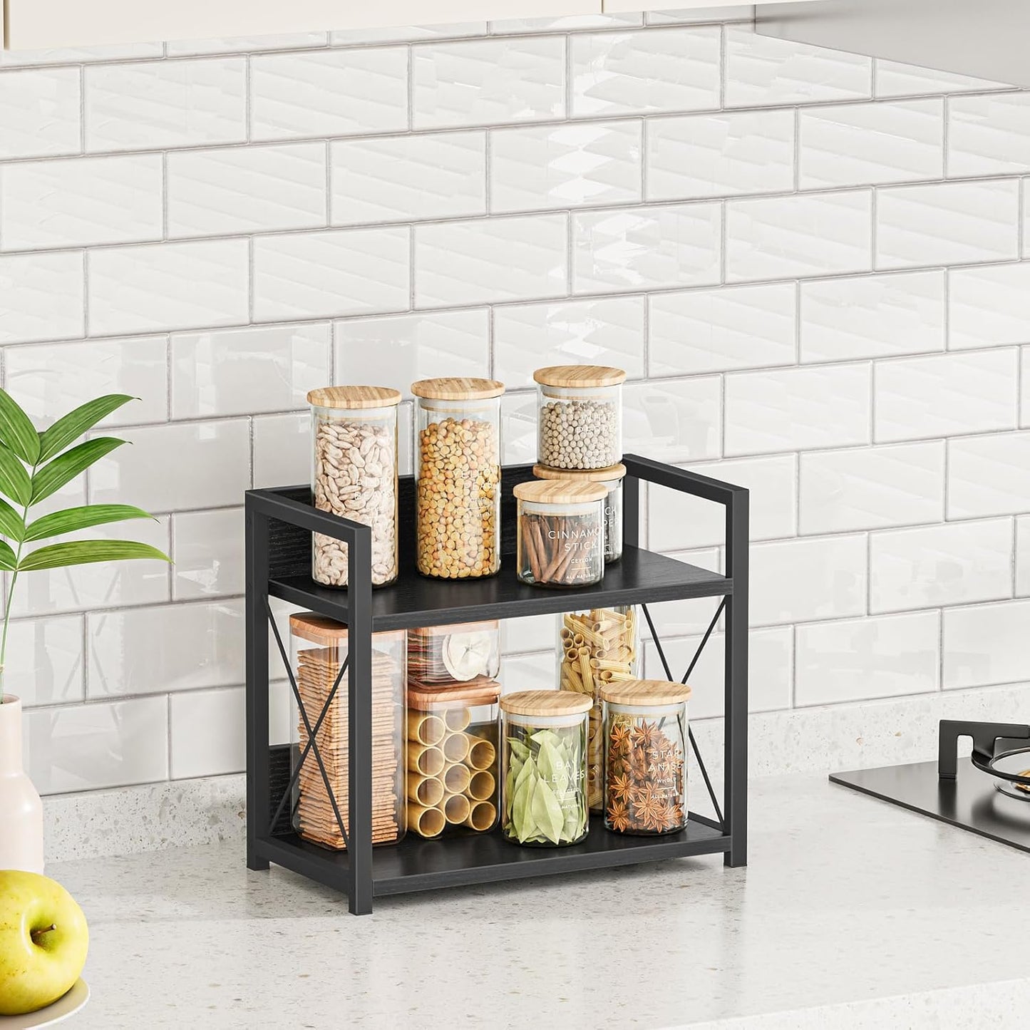 Giikin Kitchen Counter Shelf, 2 Tier Kitchen Spice Rack Organizer for Countertop, Wood Coffee Bar Organizer for Home (Black, S)
