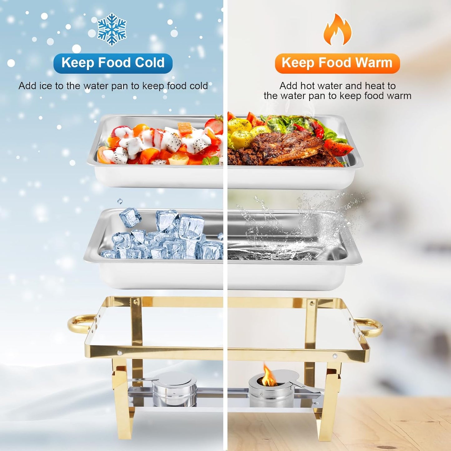 GarveeHome Chafing Dishes for Buffet 2 Pack, 8 Qt Stainless Steel Chafers and Buffet Warmers Sets with Lid, Rectangle Serving Food Warmer Catering Supplies Buffet Display for Parties, Gold