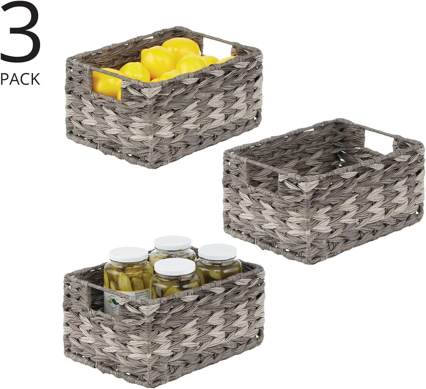 mDesign Woven Farmhouse Kitchen Pantry Food Storage Organizer Basket Bin Box - Container Organization for Cabinets, Cupboards, Shelves, Countertops - Store Potatoes, Onions, Fruit - 3 Pack, Gray Ombre