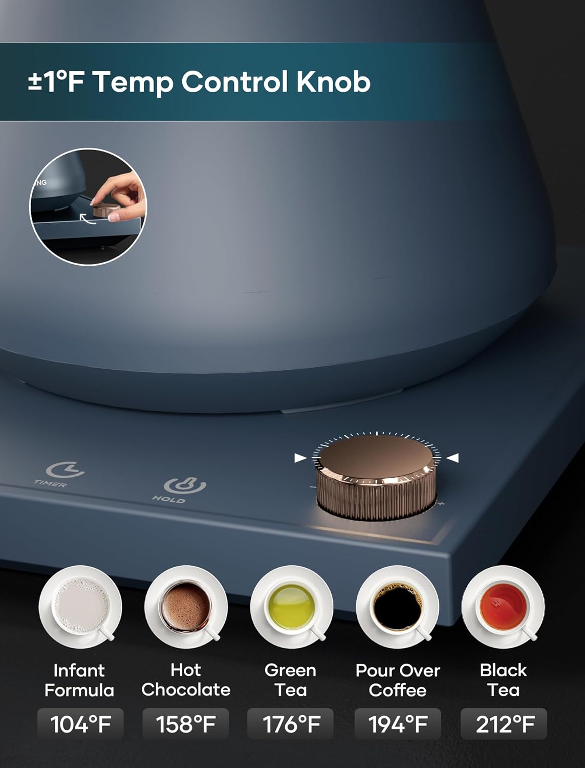 Electric Kettles, Gooseneck Electric Kettle, ±1℉ Temperature Control, Stainless Steel Inner, Quick Heating, for Pour Over Coffee, Brew Tea, Boil Hot Water, 0.9L Navy Blue