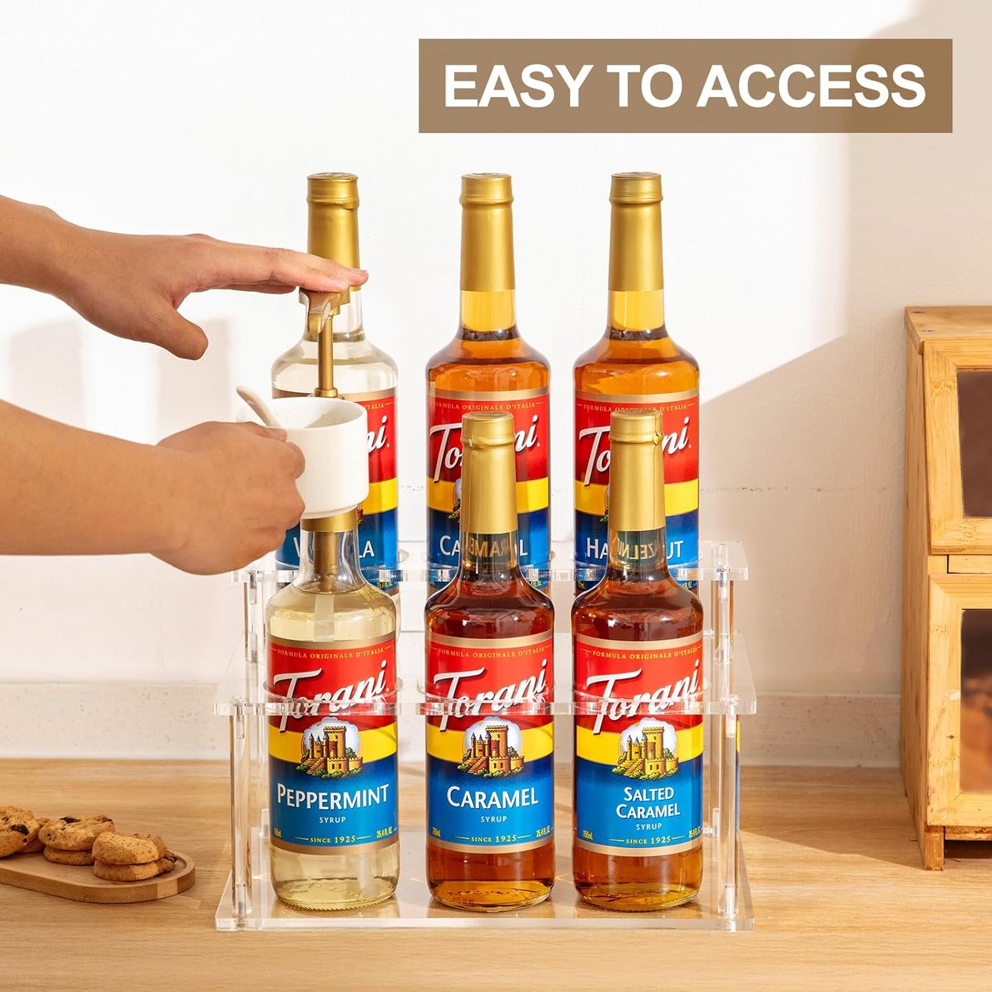 Acrylic Coffee Syrup Organizer, 2 Tier Coffee Syrup Rack (6 Bottle Capacity), Syrup Bottle Holder Stand for Coffee Bar, Kitchen Countertop Syrups, Condiments and Wine (Transparent)