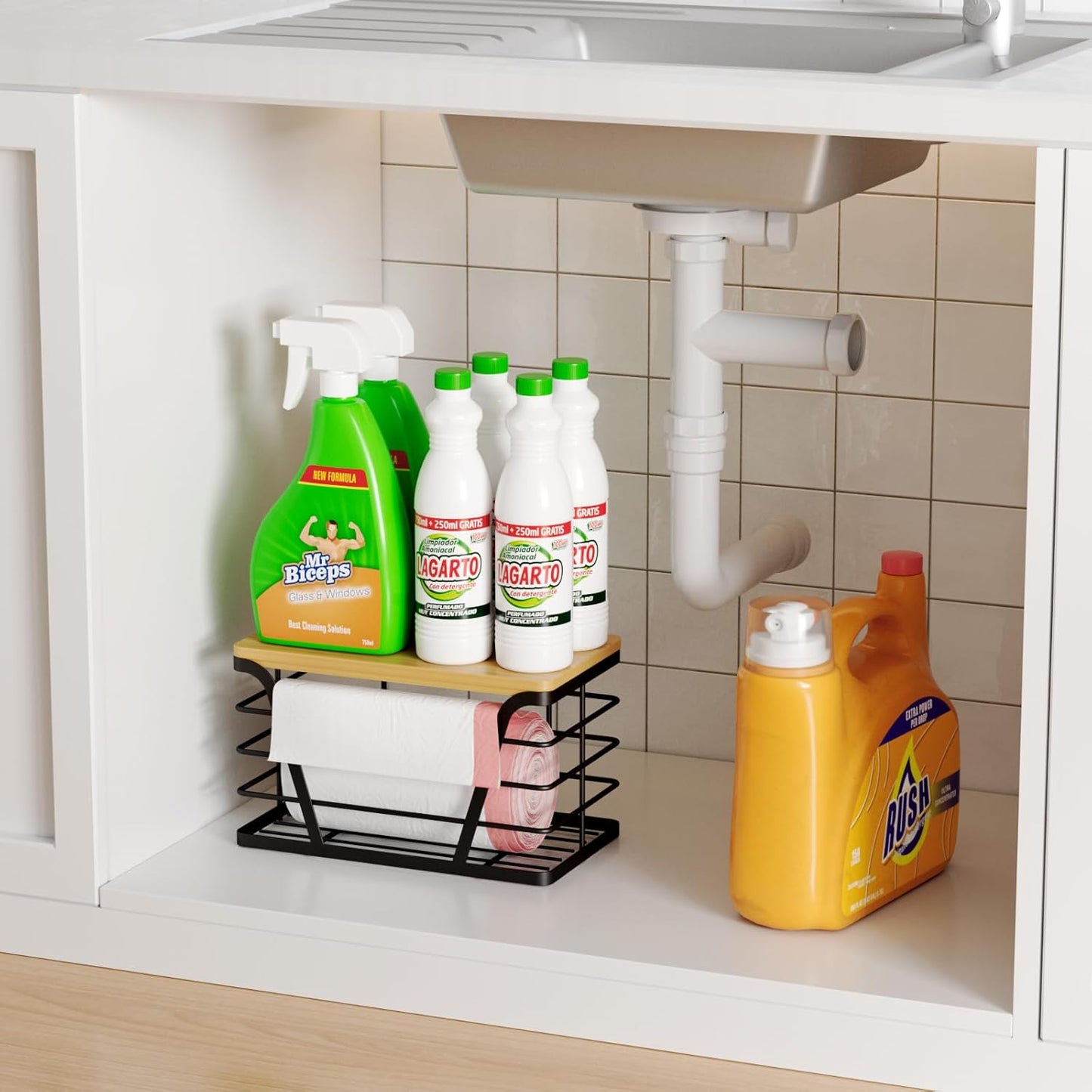 Small Grocery Bag Holder, Trash bag holder with Removable Bamboo Top, Wall Mount, No Drill, Stainless Steel, Black