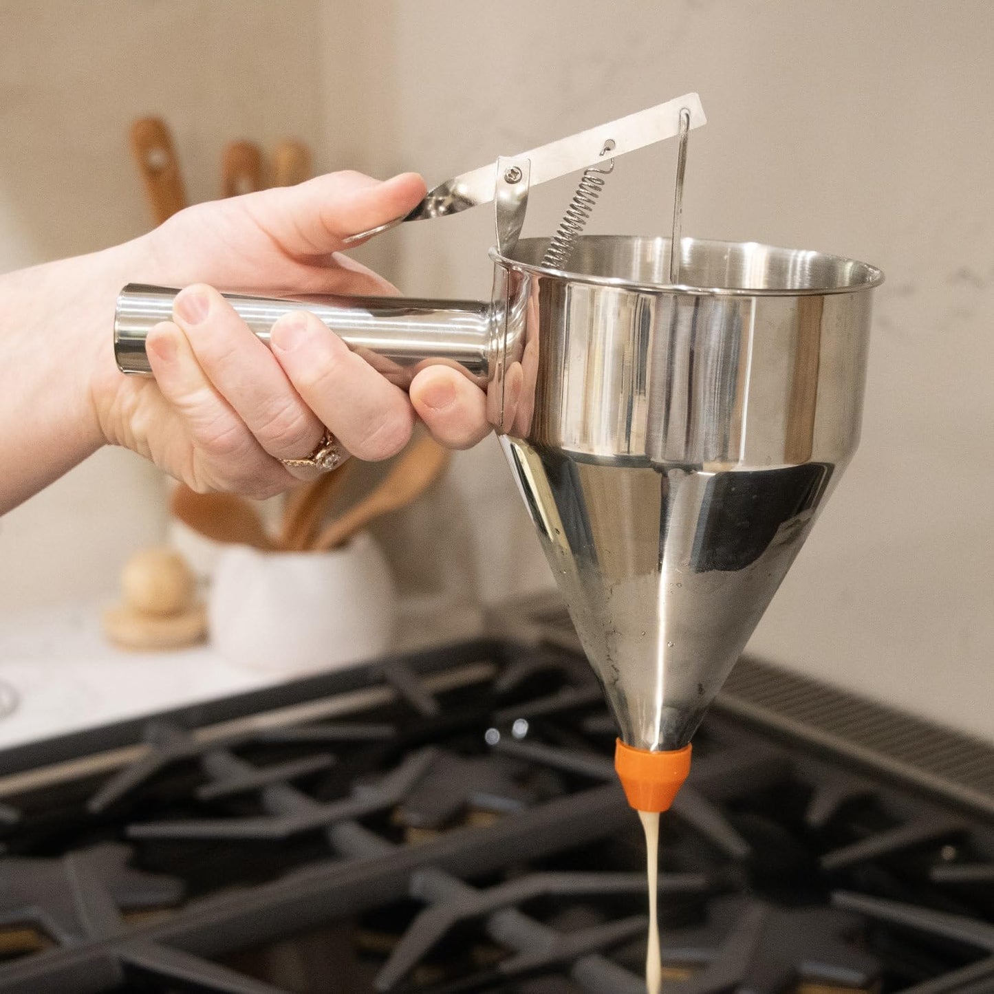 Lehman's Stainless Steel Batter Dispenser with Stand, Effortless Pancake, Waffle, and Crepe Batter Dispensing