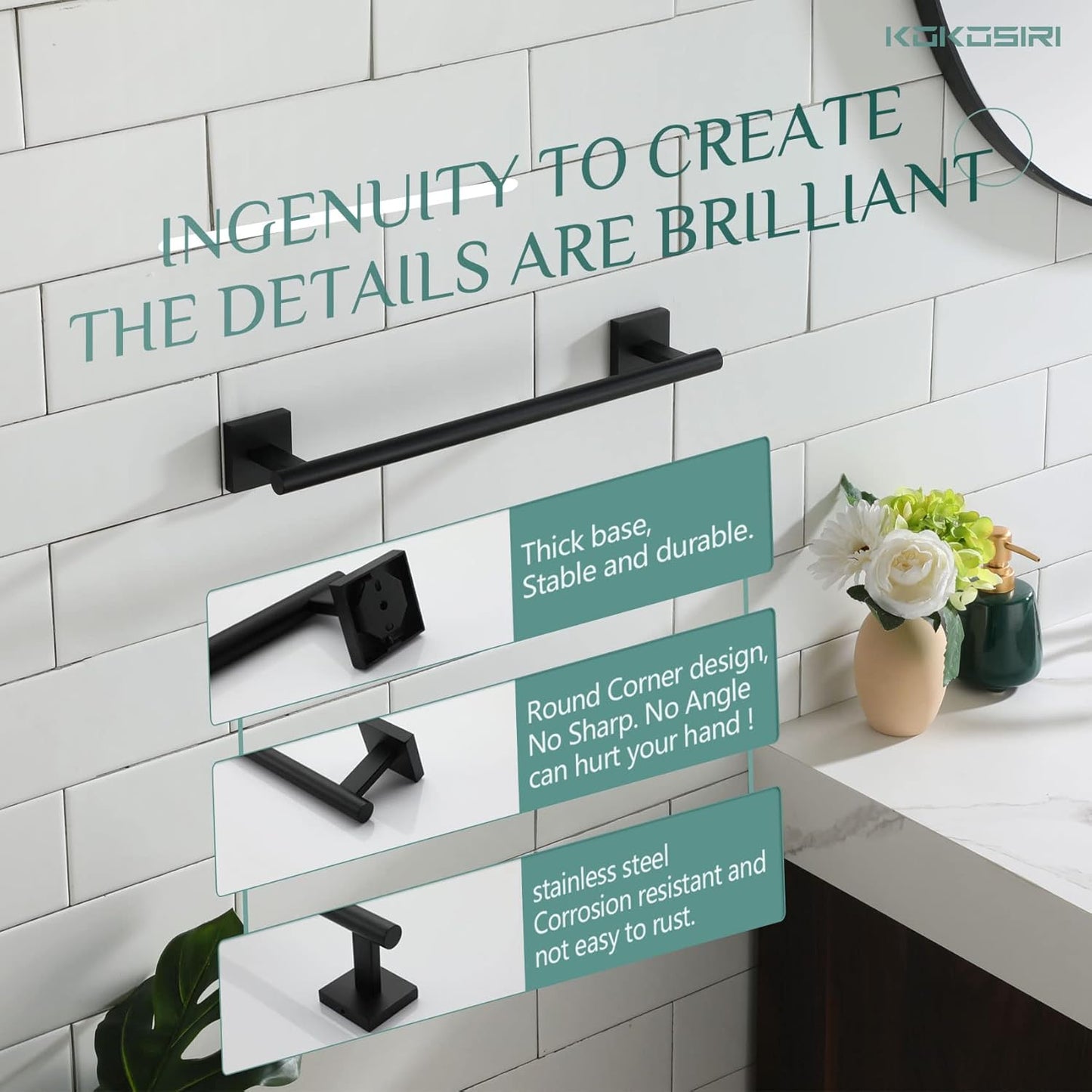 KOKOSIRI Bathroom Towel Bars 16 Inch Towel Rail Matte Black 40CM Hand Towel Holder for Bath Kitchen Wall Stainless Steel B4005BK-L16