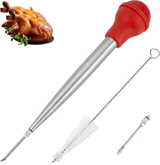 Turkey Baster Syringe for Cooking, Large Stainless Steel Meat Injector, with Cleaning Brush and 2 Marinade Needles, Red