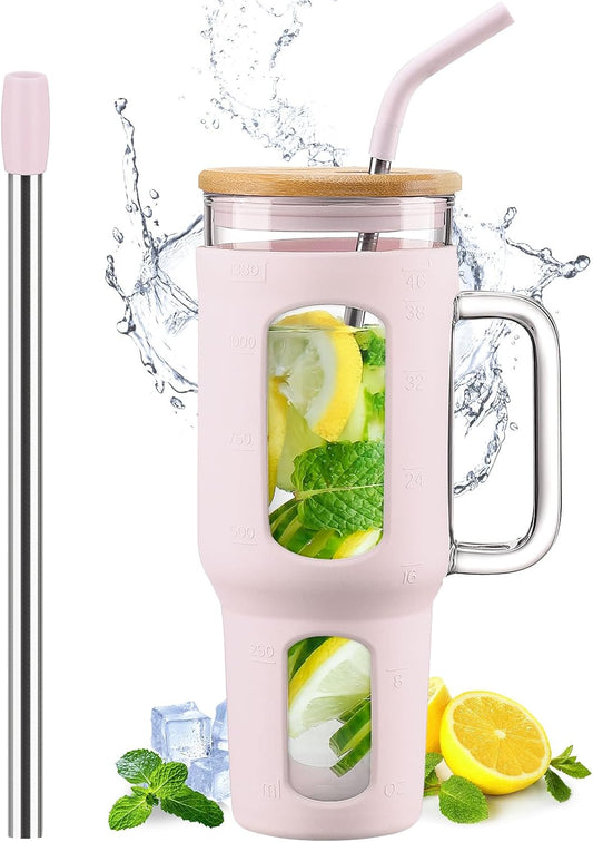 Glass Tumbler with Lid and Straw, 46 oz Iced Coffee Cup with Handle, Large Water Bottles with Silicone Sleeve, Glass Cup with Straws - Pearl Straw & Drinking Straw BPA Free-CottonPink