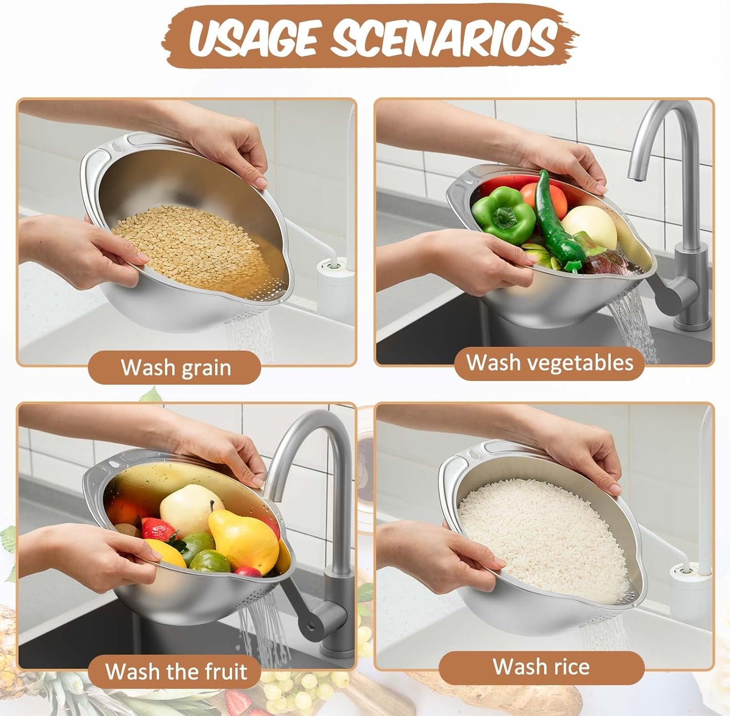 2 Pcs Rice Washer Strainer Bowl 4-in-1 Washing Bowl for Quinoa, Stainless Steel Rinser with Side Drainers Small Colander for Cleaning Fruits, Vegetables, and Beans - Versatile Kitchen Tool
