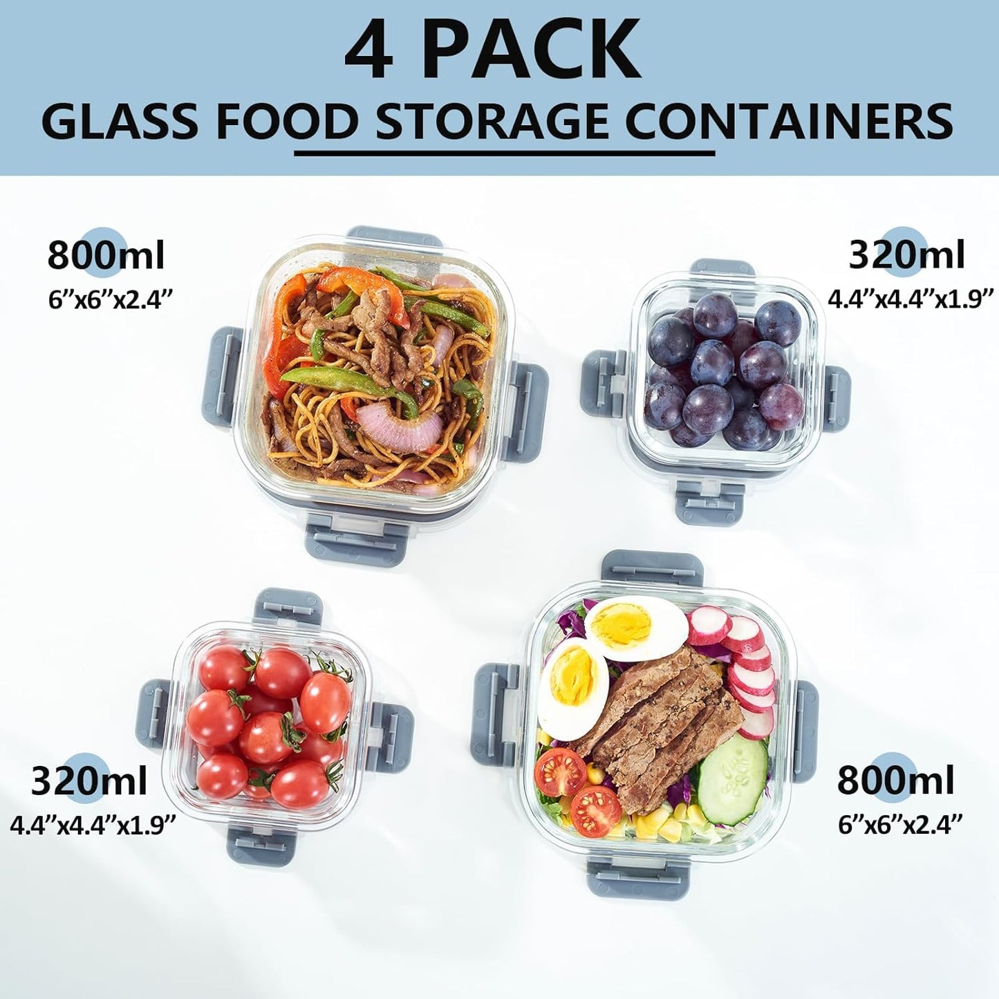 Glass Food Storage Containers with Lids Upgraded Airtight, 4 Pack Glass Storage Containers with Lids, Not Easy Broken & Leak Proof, Glass Containers with Lids for Oven/Dishwasher Safe, Grey