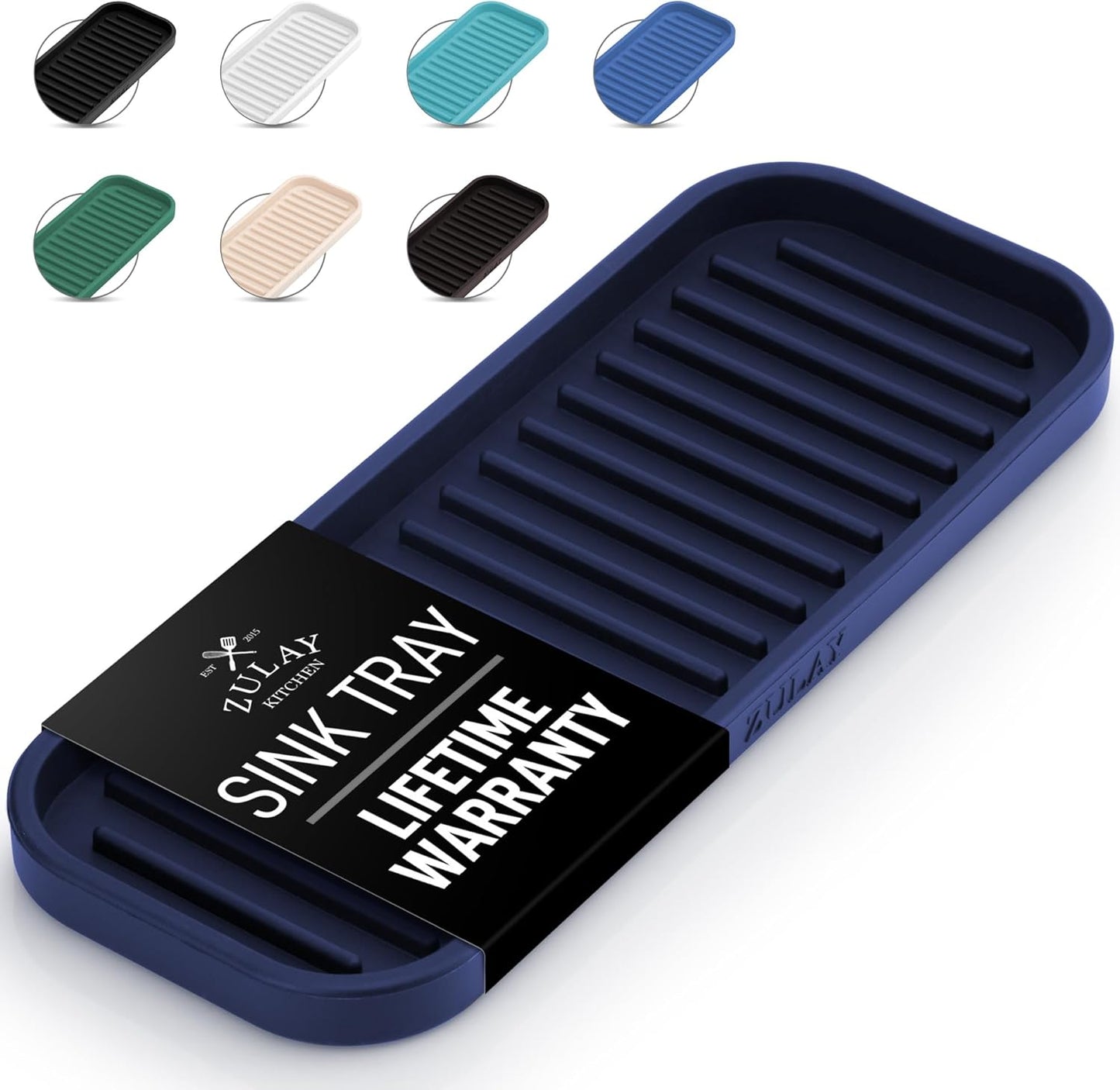 Zulay Kitchen (9x3.5) Silicone Sponge Holder for Kitchen Sink - Flexible Multipurpose Soap Tray - Sink Organizer for Kitchen, Bathroom, Makeup, Trinkets & More (Dark Blue)