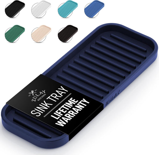 Zulay Kitchen (9x3.5) Silicone Sponge Holder for Kitchen Sink - Flexible Multipurpose Soap Tray - Sink Organizer for Kitchen, Bathroom, Makeup, Trinkets & More (Dark Blue)