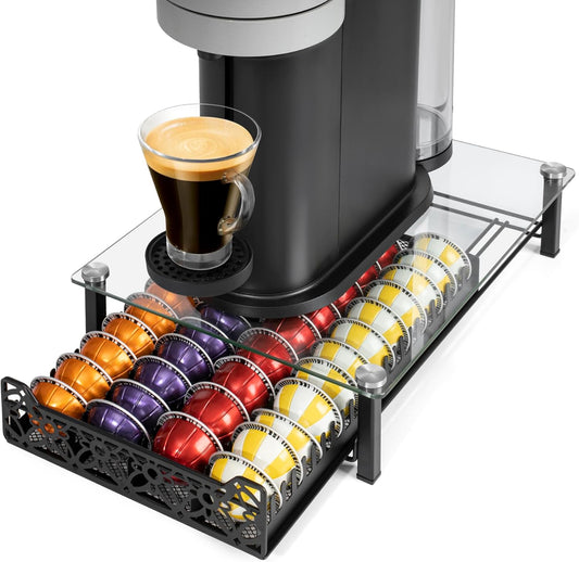 RECAPS Crystal Tempered Glass Coffee Pod Drawer Organizer Compatible with Nespresso Vertuo, Hold up to 50 Small or 40 Big Vertuo Pods or 26 K-cup Pod,Sliding K Cup Drawer for Countertop