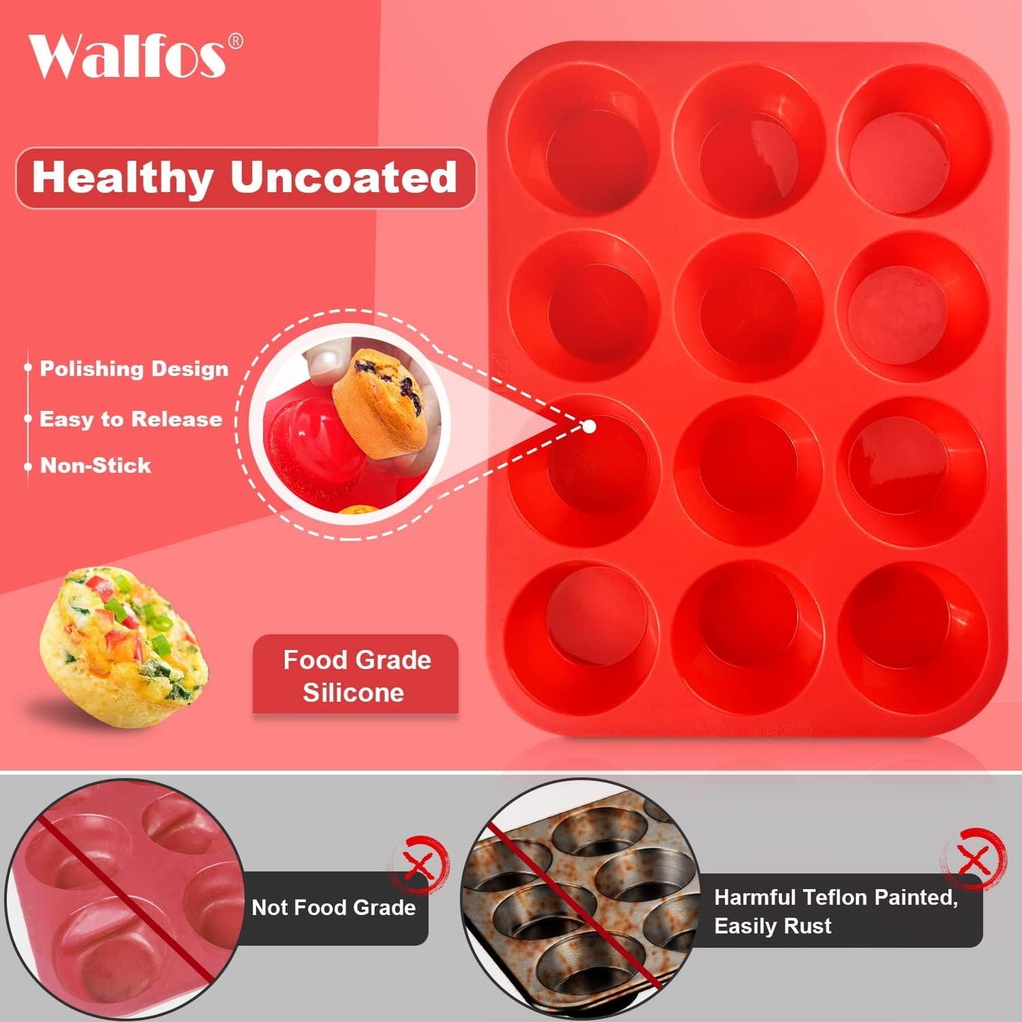 Walfos Silicone Muffin Pan Set of 3, Including Regular 12 Cups Muffin Pans, 24 Cups Mini Muffin Pan & 6 Cups Muffin Top Pan, Non-Stick Cupcake Pan, Easy to Pop Out & Dishwasher Safe
