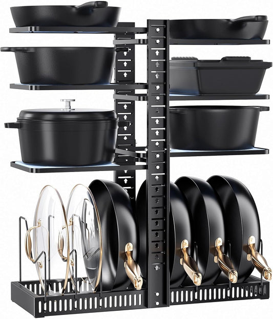 LAMU Pots and Pans Organizer under Cabinet, Pan Pot Organizers inside Cabinet with 6 Shelves and Pot Lid Organizer, Adjustable Height Up to 24", Holds up to 12 Pans Including Cast Iron Pot