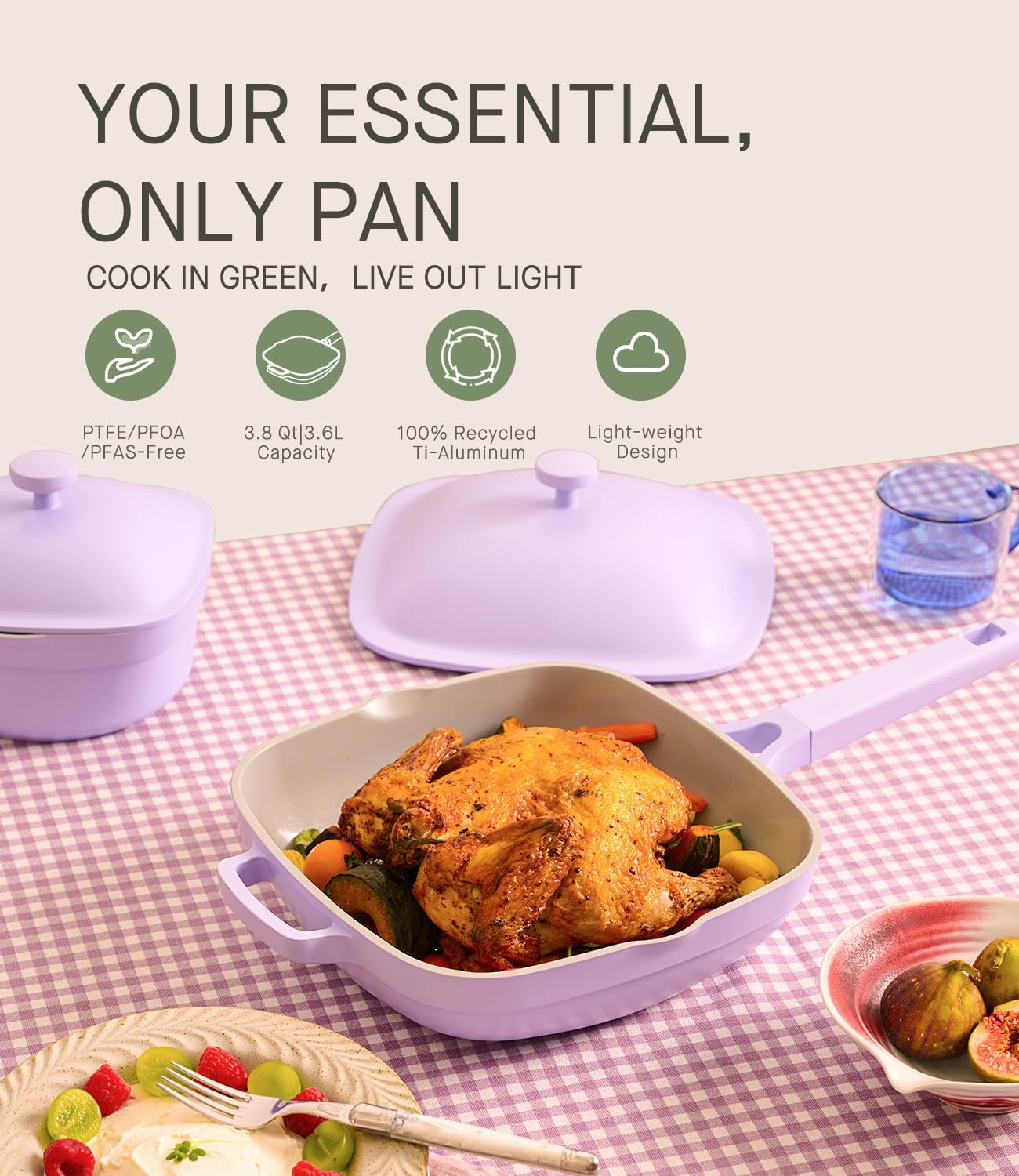 10.5 Inch(3.8QT) Deep Frying Pan,Non Stick Frying Pans Cast Aluminum,Ti-Ceramic Non Toxic Pix Pan with Lid,Natural Wooden Spatula and Loofah Scrubber-Dusk Petal