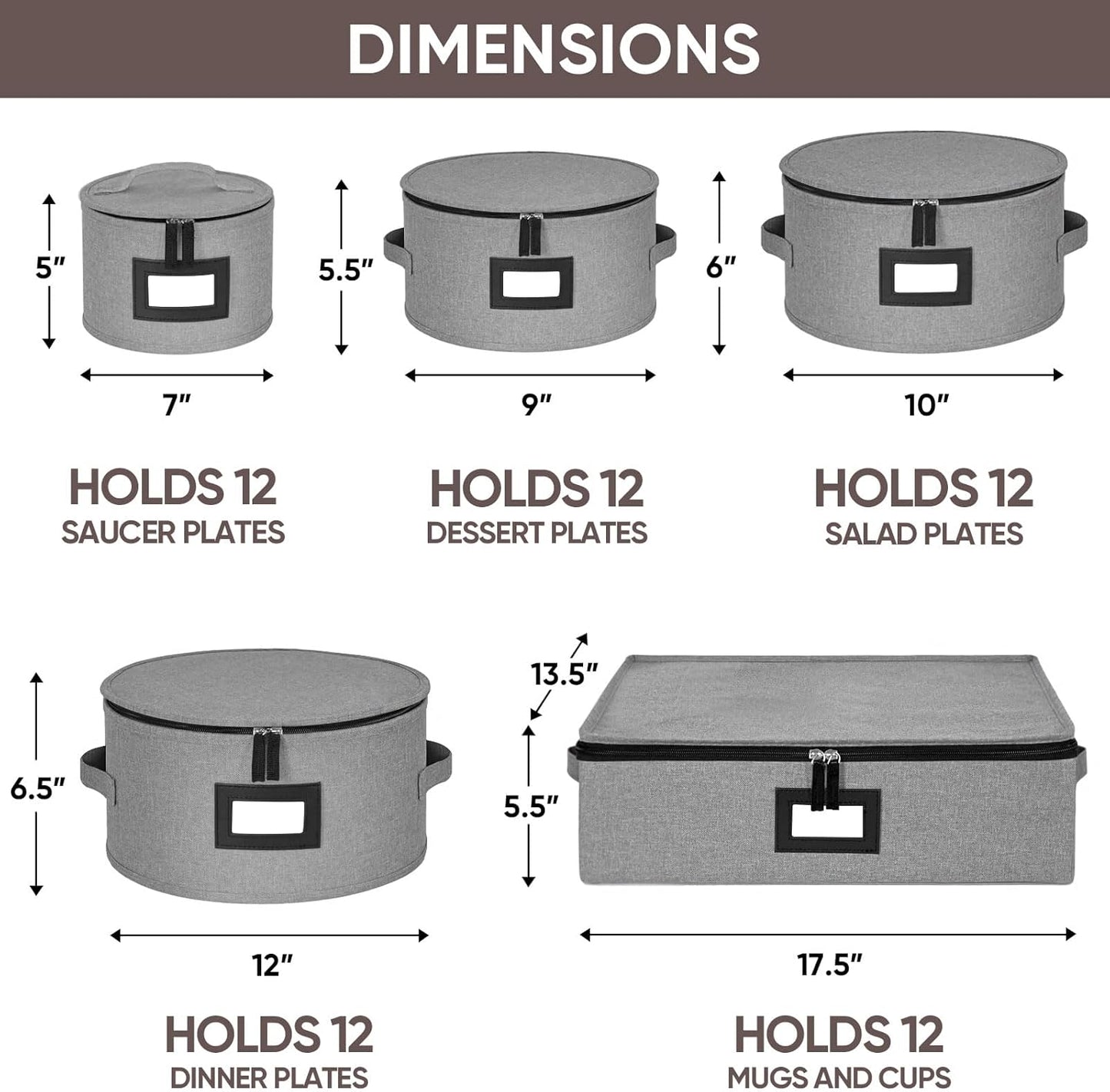 BALEINE China Storage Containers, Sturdy Quilted Wine Glass Storage, Plate Organizer with Carry Handles, Moving Boxes for Dishes, Cups, Mugs and Stemware (Plate Mug Combo, Hard Shell Grey)