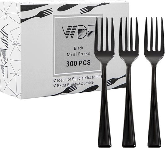 WDF 300 Pieces Black Plastic Mini Forks-4inches Black Plastic Forks-Heavy Duty Plastic Tasting Forks-Perfect for Small Appetizers and Desserts for New Year/Graduation