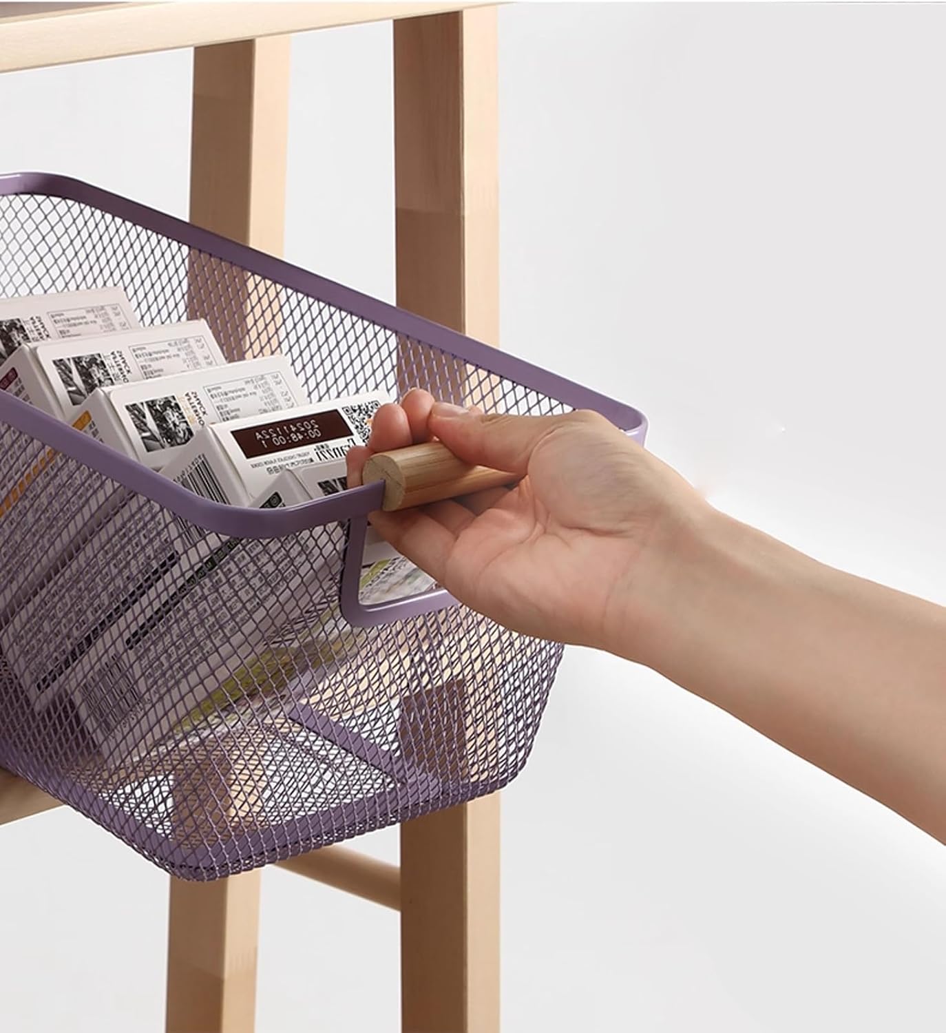 Metal Mesh Steel Basket, Large Wire Storage Organizer Basket Multi-function Hanging Kitchen Baskets with Wood Handle for Kitchen Bathroom Picnic Home, Rectangle-Purple