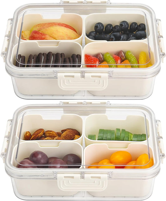 4 Compartment Snack Box Container Tray, Divided Serving Tray with Lid, Mini Small Snackle Box, Portable Charcuterie Container for Party, Picnic, Travel, Food Platter for Snack, Fruits, Veggies, 2 Pack