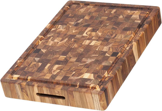 Teakhaus Butcher Block Carving Board - Large Extra Thick Cutting Board with Juice Groove and Grip Handles - Teak End Grain Wood - Knife Friendly - FSC Certified
