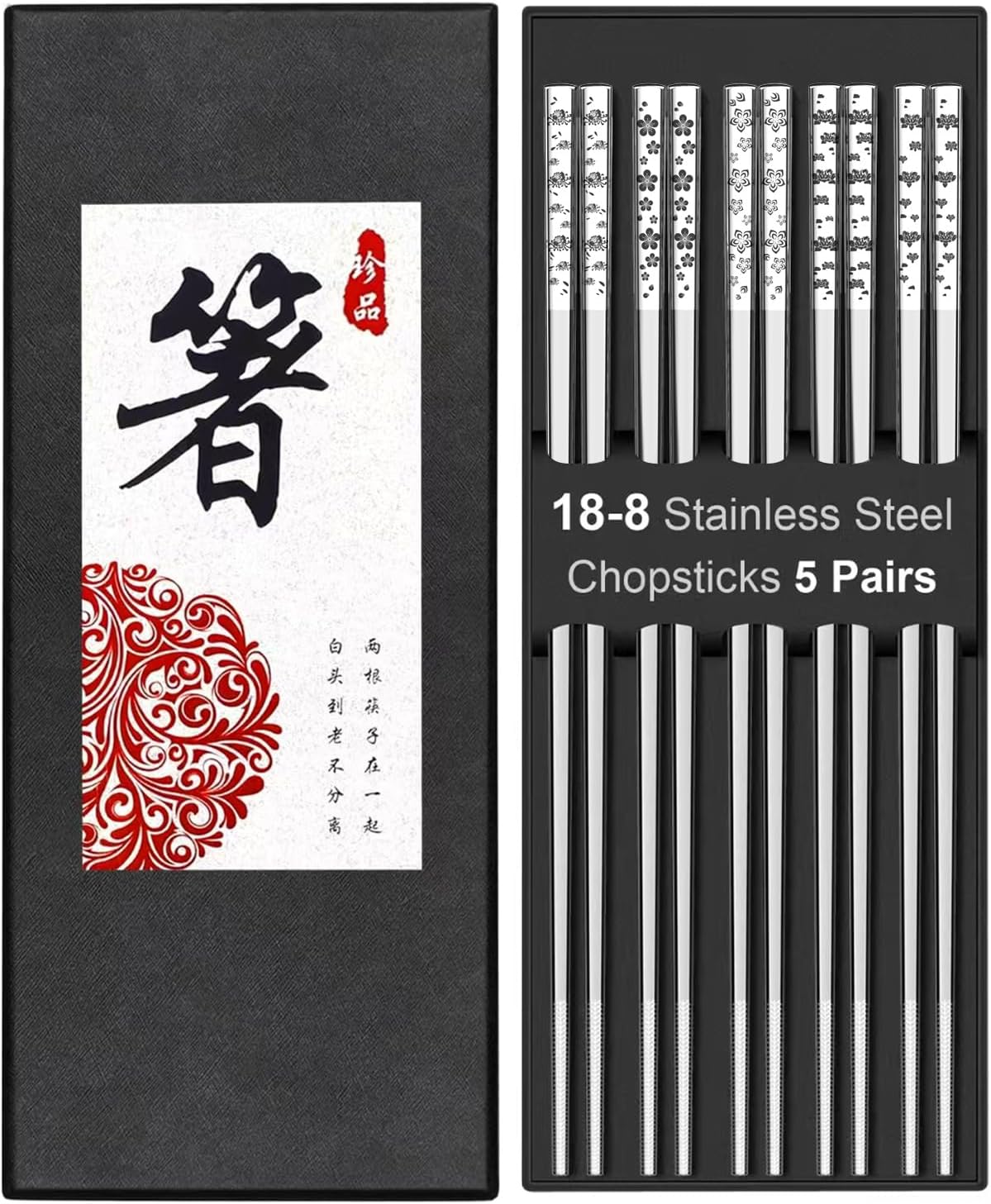Metal Chopsticks Reusable 18/8 stainless steel Chopsticks 5 Pairs Classic Floral Dishwasher Safe Lightweight Non-Slip Chop Sticks 9 1/4 Inches Present Set