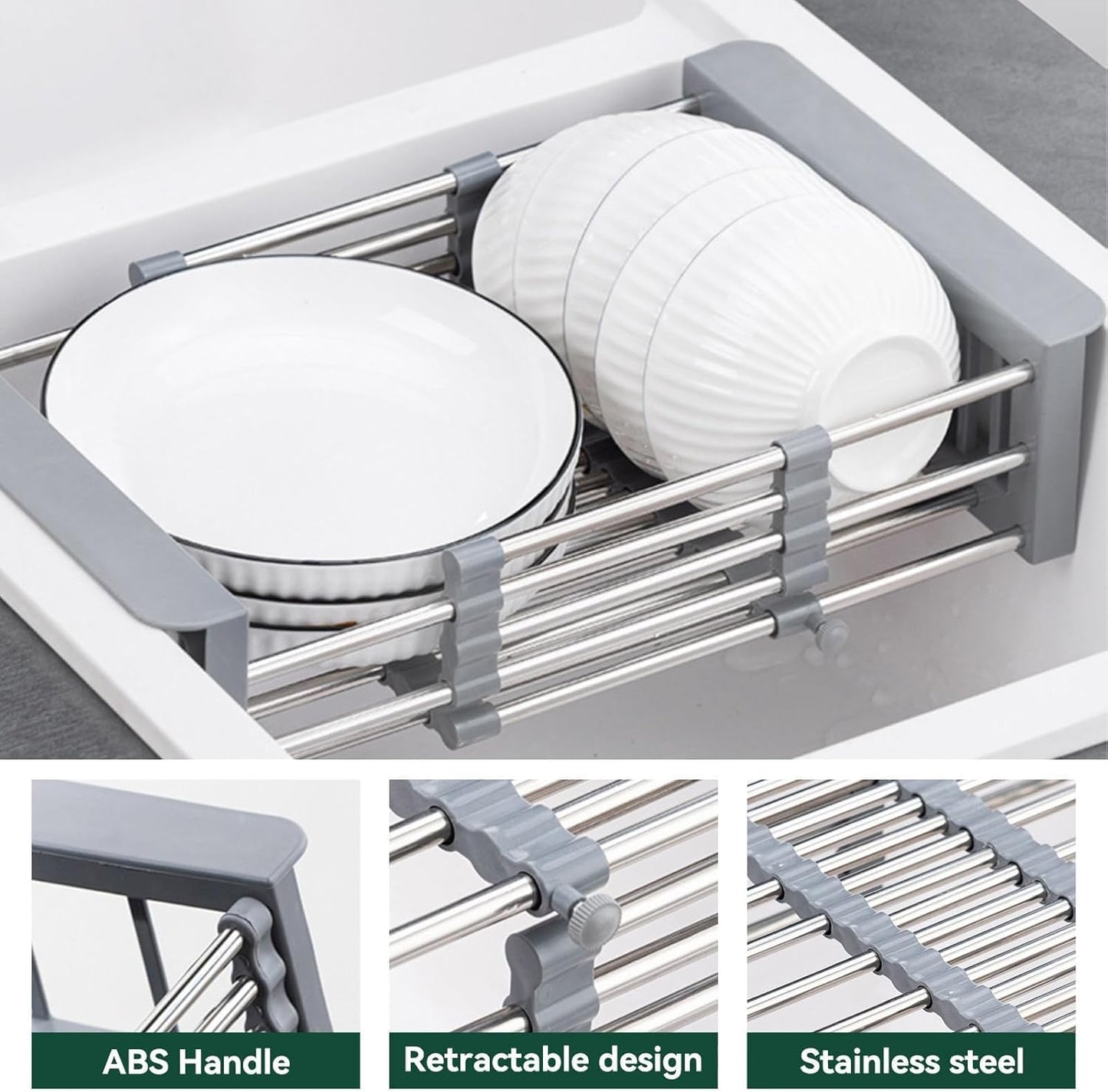 Cyrank Over The Sink Dish Drying Rack, Expandable Over Sink Grill Telescopic Drain Basket Kitchen Rack Drain Basket Sink Drying Rack(L#Grey)