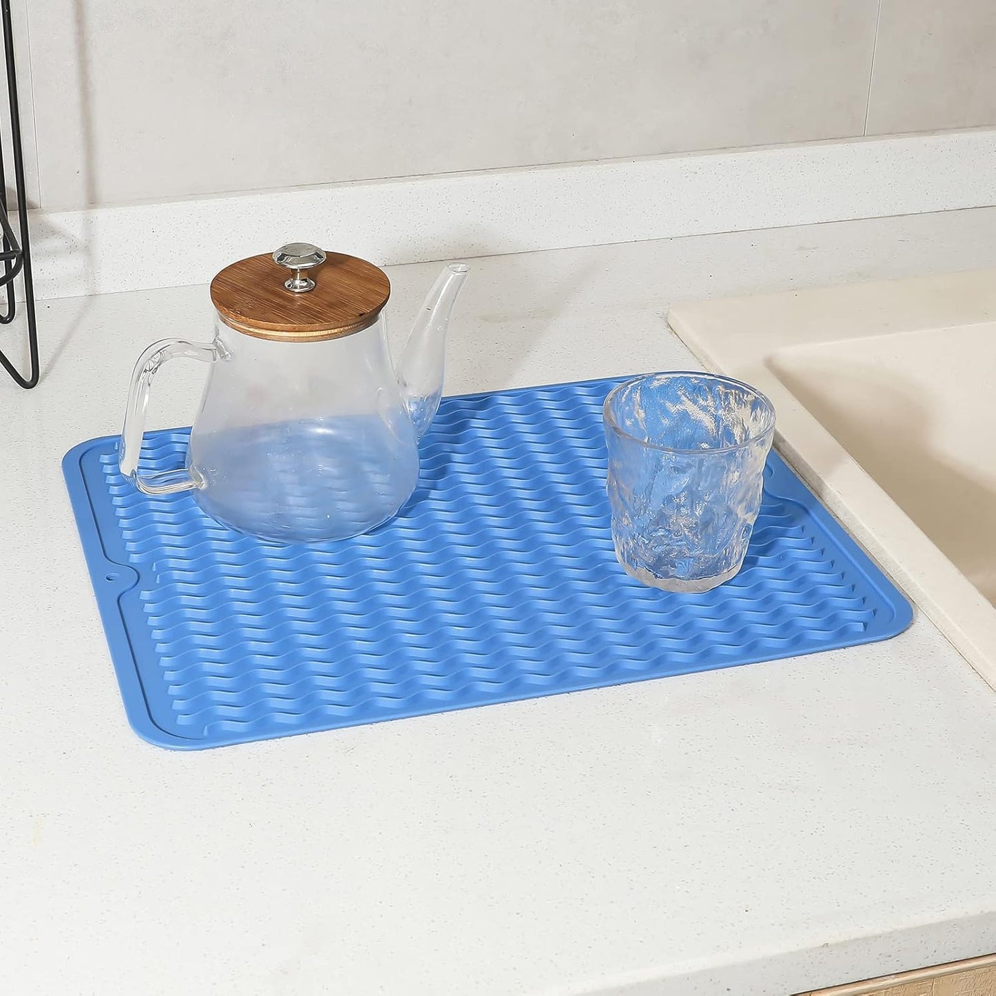 Silicone Dish Drying Mat for Multiple Usage,Easy clean,Eco-friendly,Heat-resistant Silicone Mat for Kitchen Counter or Sink,Refrigerator or drawer liner Lichen BlueL L 16 inches x 12 inches