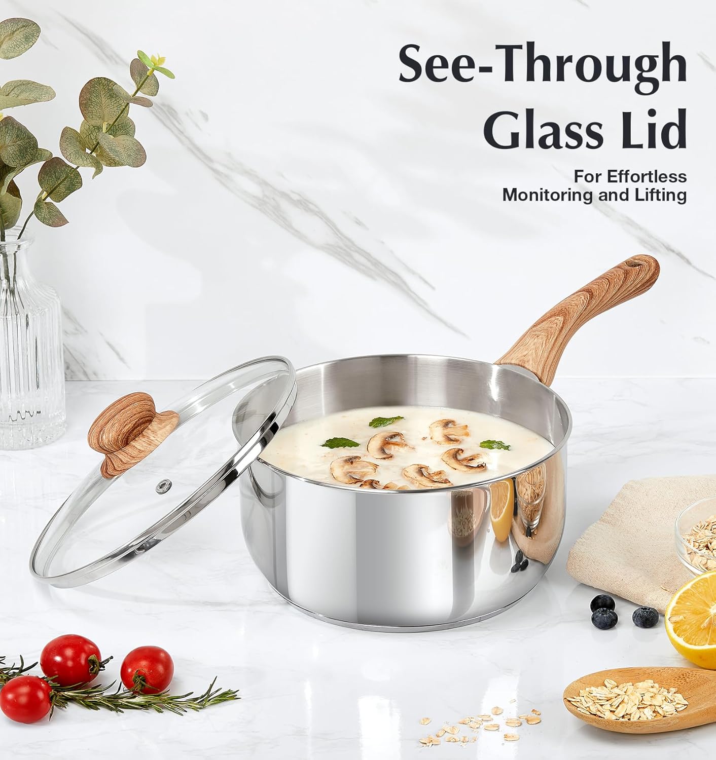 KOCH SYSTEME CS Stainless Steel Saucepan, 2 Quart Saucepan with Lid & Heat-resistant Bakelite Handle, Tri-ply Bottom Steel Sauce Pan with Lid, Induction Ready, Stainless Steel Pot 2QT