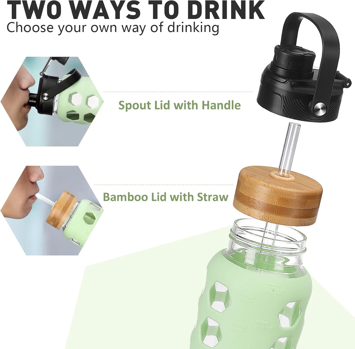 MUKOKO Glass Water Bottles,24oz Glass Tumbler with Straw,Drinking Bottles with 2 Lids-Handle Spout Lid&Bamboo Straw Lid,Motivational Water Bottle with Time Marker and Silicone Sleeve,1 Pack-Mustard