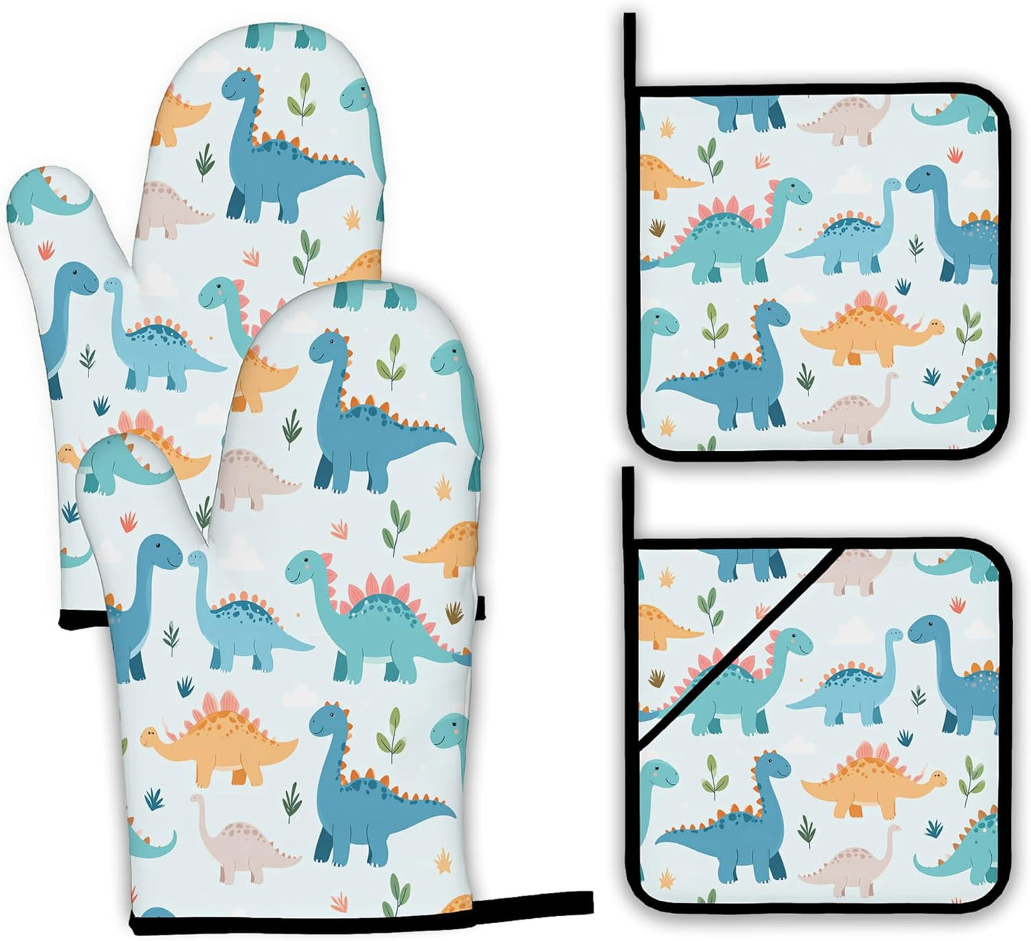Cute Dinosaur Oven Mitts and Pot Holders,Heat Resistant Oven Mitts Gloves and Pot Holder for Home Kitchen Decorations Cooking Baking BBQ Gifts,Set of 4