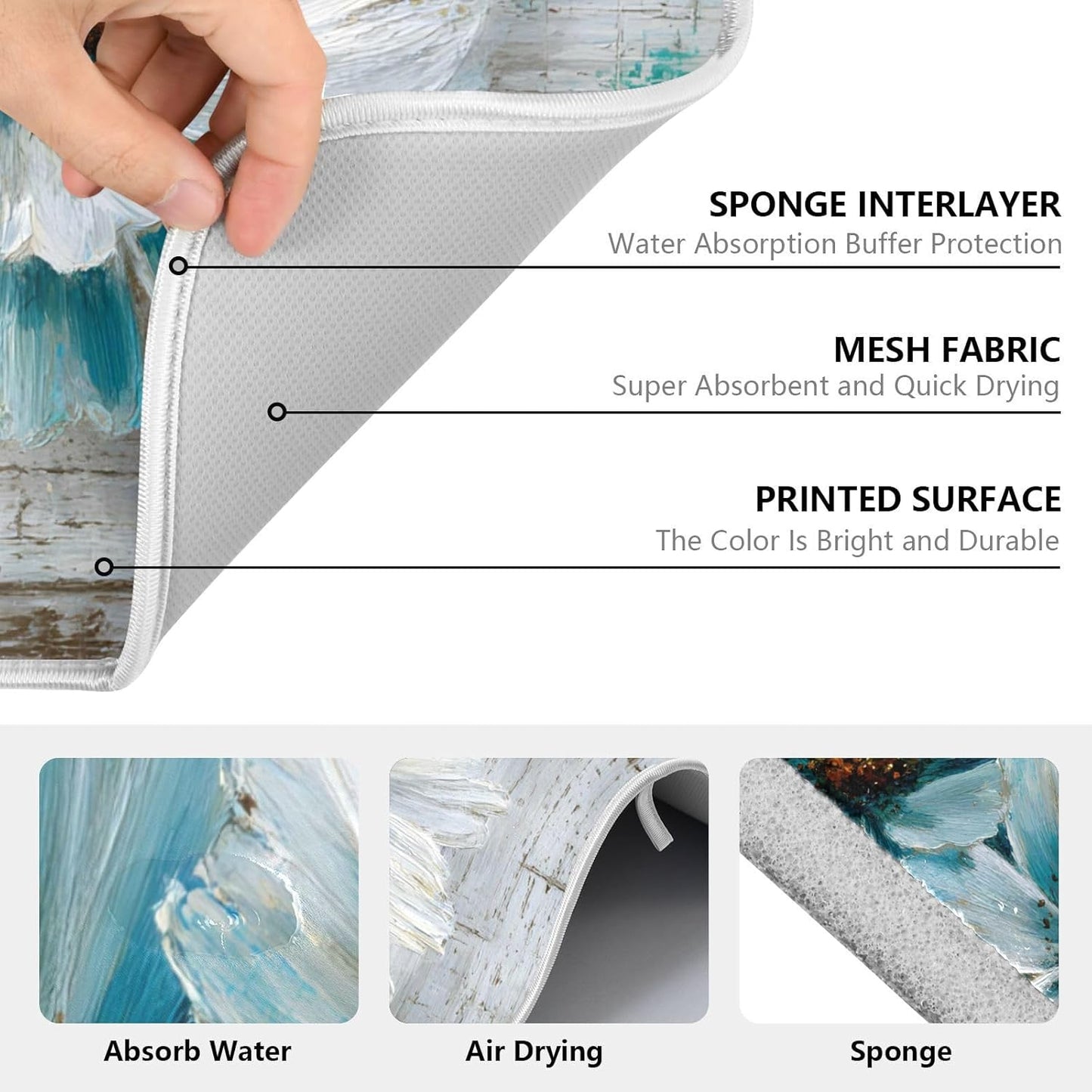 Rustic Teal White Daisy on Vintage Wooden Dish Drying Mat for Kitchen Counter Absorbent Microfiber Large Drying Pad Dish mats for Kitchen Countertops 18 x 24 Inch