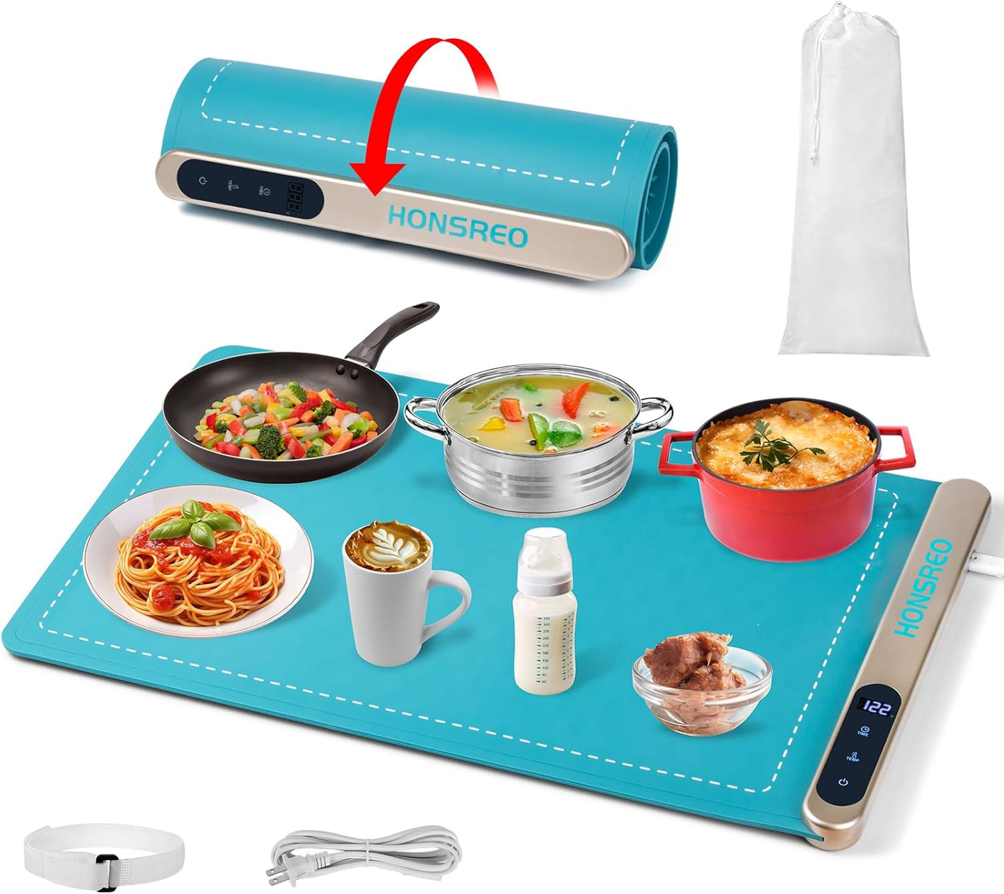 Electric Warming Tray, Silicone Heating Mat with 6 Temperature Modes and 6 Timer Settings Auto Shut-Off, Portable Foldable Roll Up Food Warmer Pad for Parties Gatherings, Home Everyday Use