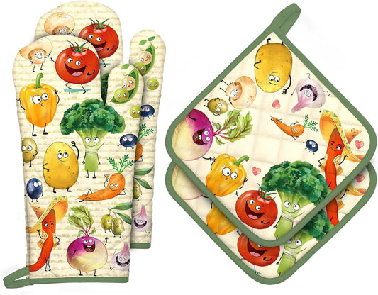 Vegetables Oven Mitts and Pot Holders Sets 4Pcs, 100% Cotton Heat Resistant, Extra Long Oven Gloves Potholder for Kitchen Cooking Baking Decoration