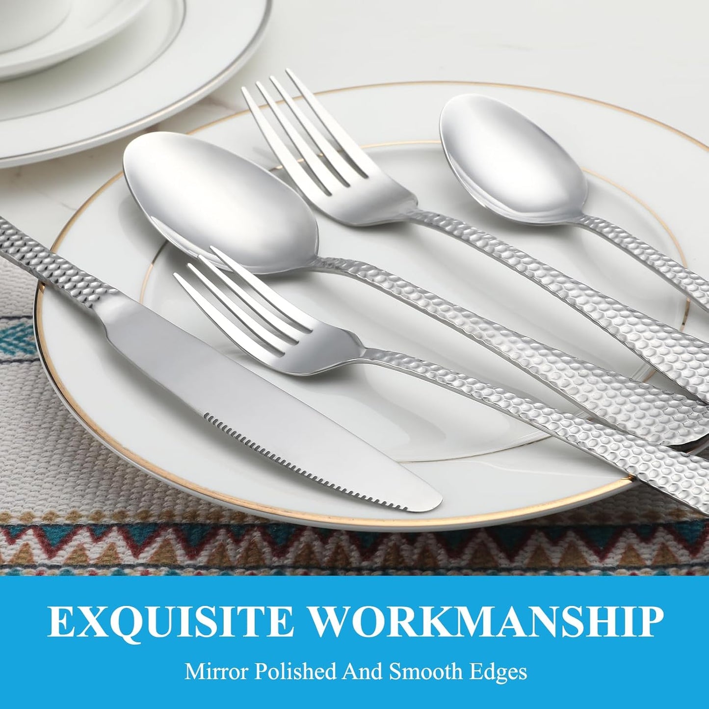 60 Pcs Hammered Silverware Set Service for 12,Stainless Steel Flatware Set,Mirror Polished Cutlery Utensil Set,Durable Home Kitchen Eating Tableware Set,Include Fork Knife Spoon Set,Dishwasher Safe