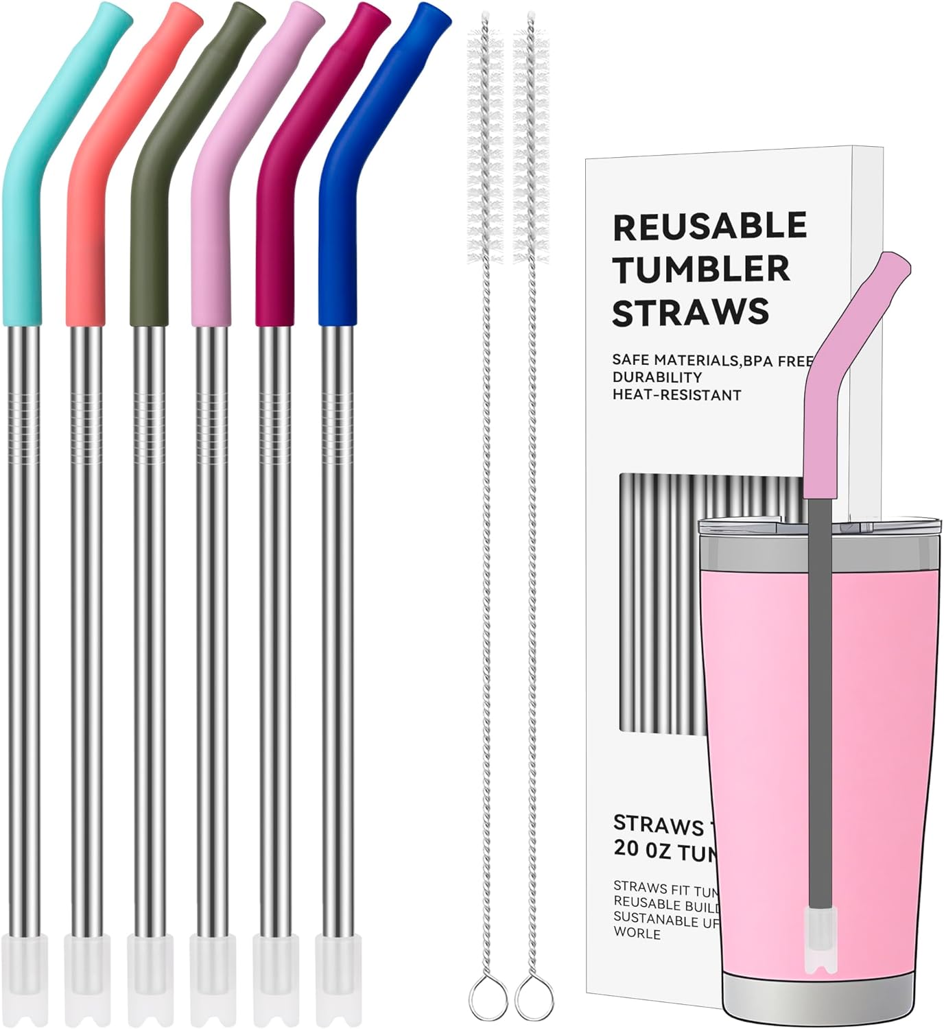 6 Pcs Reusable Metal Straws, Stainless Steel Straws with Silicone Tip for 20 oz Tumbler, Long Drinking Replacement Straw for YETI, STANLEY, US Acrylio, BJPKPK, Simple Modern and so on