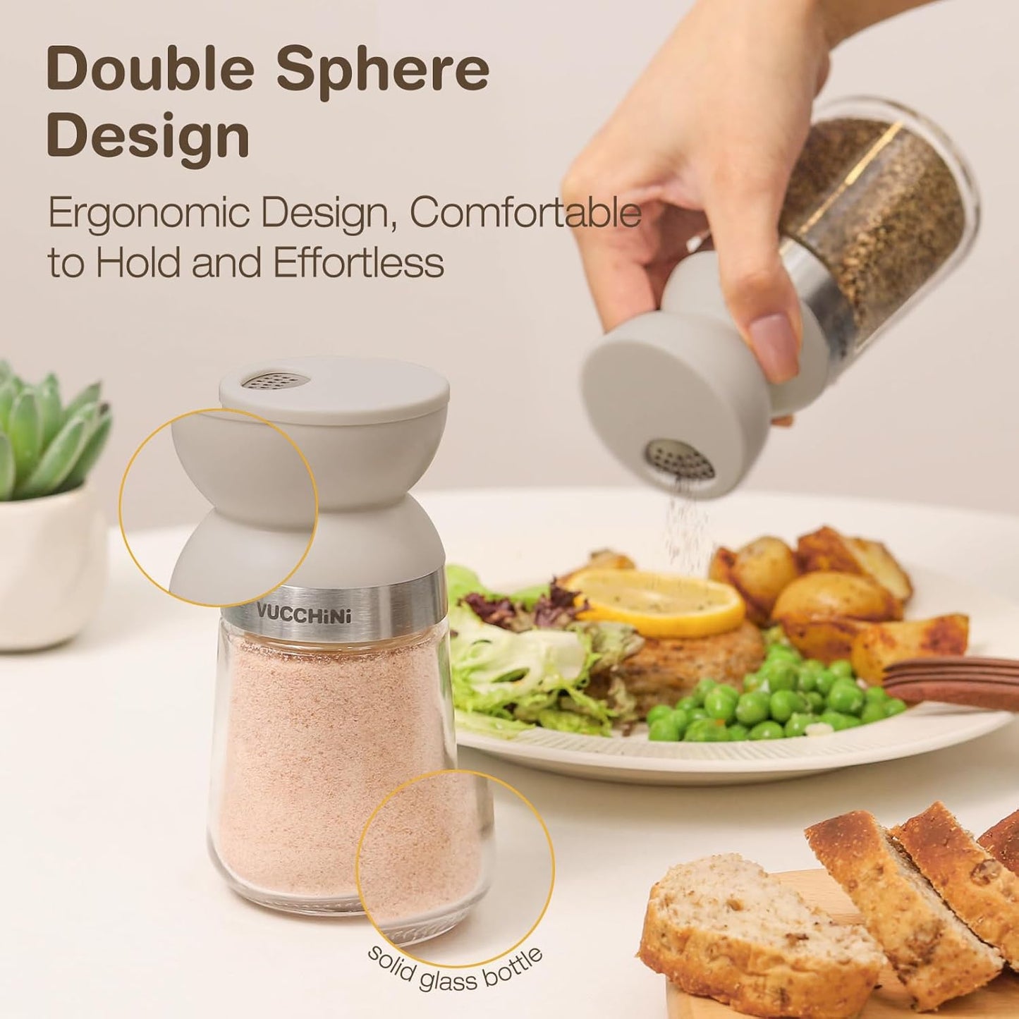 VUCCHINI Salt and Pepper Shaker Set with Lid 3 level Adjustable Pour Holes Seasoning Spice shaker Jar Glass Bottle, Large Salt and Pepper Dispenser Moisture-proof for Kitchen, Cooking (5 oz, Grey)