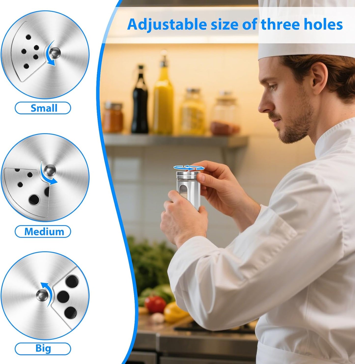 Glass Salt and Pepper Shaker Set with Seasoning Rack, Spice Rack, Adjustable Pour Hole Stainless Steel Lid, 2.8 oz, Spice Dispenser for Salt, Pepper, Spice Preservation (silver)